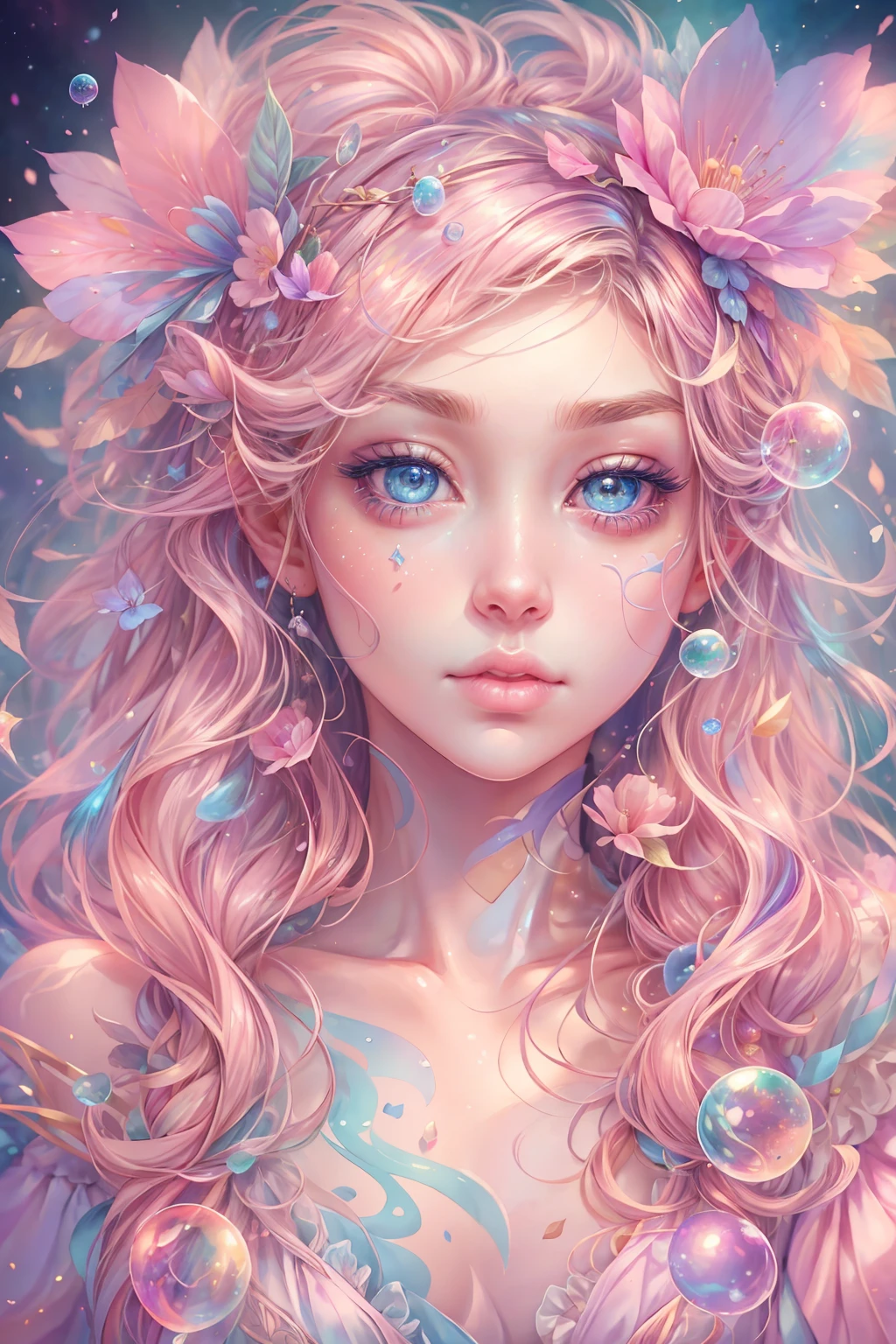((masterpiece)). This artwork is sweet, dreamy and ethereal, with soft pink watercolor hues and candy accents. Generate a delicate and demure English fae exploring a (bubblegum world with a wide variety of pastel shades). Her sweet face is extremely detailed and realistic with elegant features and a sweet and subtle expression and looks like ((Gigi Hadid)). Include mature features, puffy lips, and stunning, highly realistic eyes. Her eyes are important and should be realistic, highly detailed, and beautiful. In high definition and detail, include lots of details like stars, galaxies, colorful bubbles, colorful petals, and lots of energy and emotion! The stars and colorful bubblegum bubbles are important! Include fantasy details, enhanced details, iridescence, colorful glittering wind, and pollen. Pay special attention to her face and make sure it is beautifully and realistically detailed. The image should be dreamy and ethereal.8k, intricate, elegant, highly detailed, majestic, digital photography