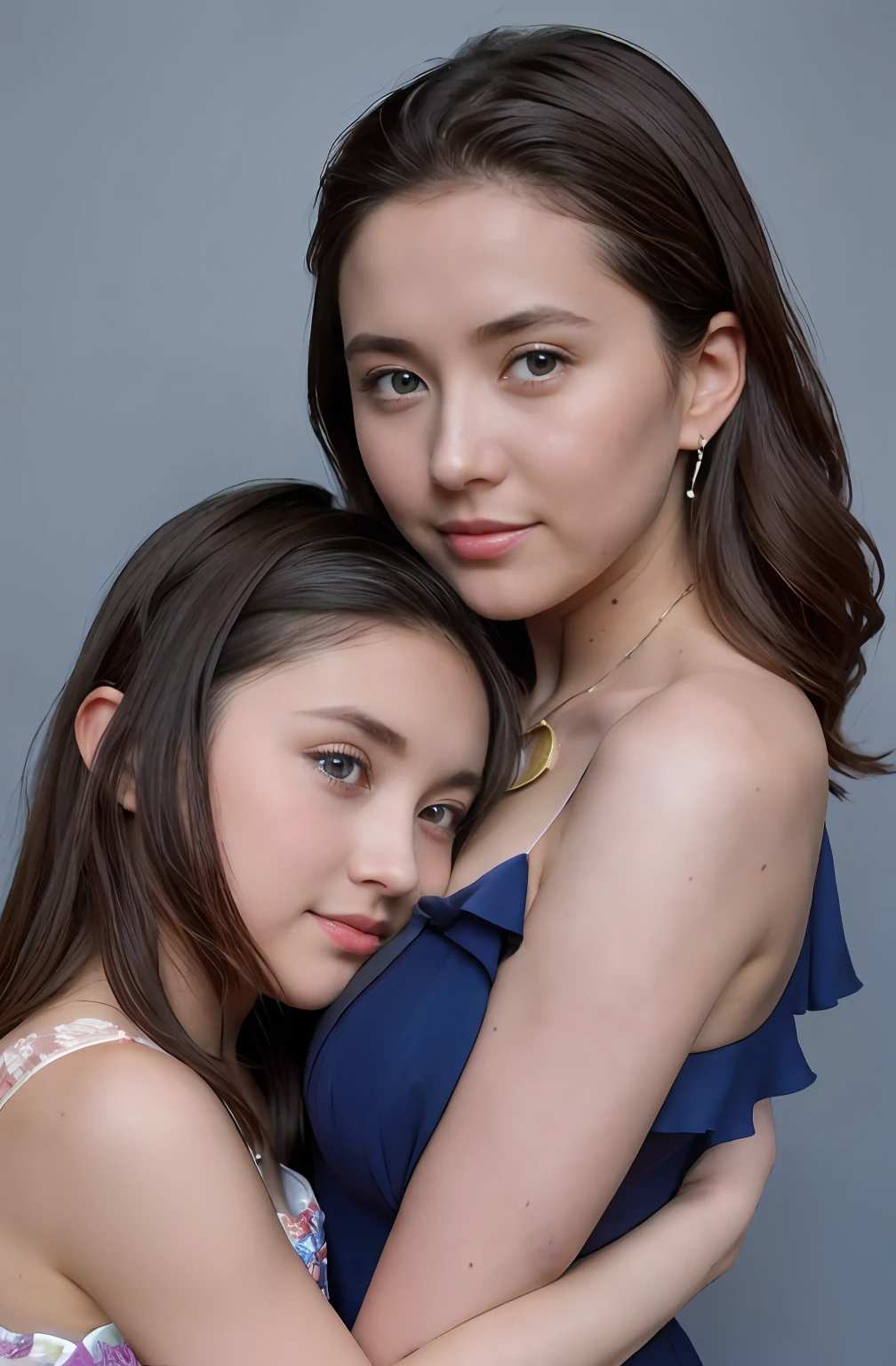 (Positive focus, Original photo),(((model shoot,2girls,duo,Hugging))),navel,Portrait close-up, (Sunset: 1.1), Surrealistic Female Portraits by David Hockney and Alphonse Mucha, Fantasy art, (Blue pupil: 1.4, shiny pupils: 1.4, Big eyes: 1.1), Photo fidelity, Dynamic lighting, Art Station, poster for, voluminetric lighting, Very detailed face, 4K, Award-winning, Shadows, understated, (official outfit: 1.4, Complex clothing), Looking at the camera, Bust Up Shot, (Realistic face)),