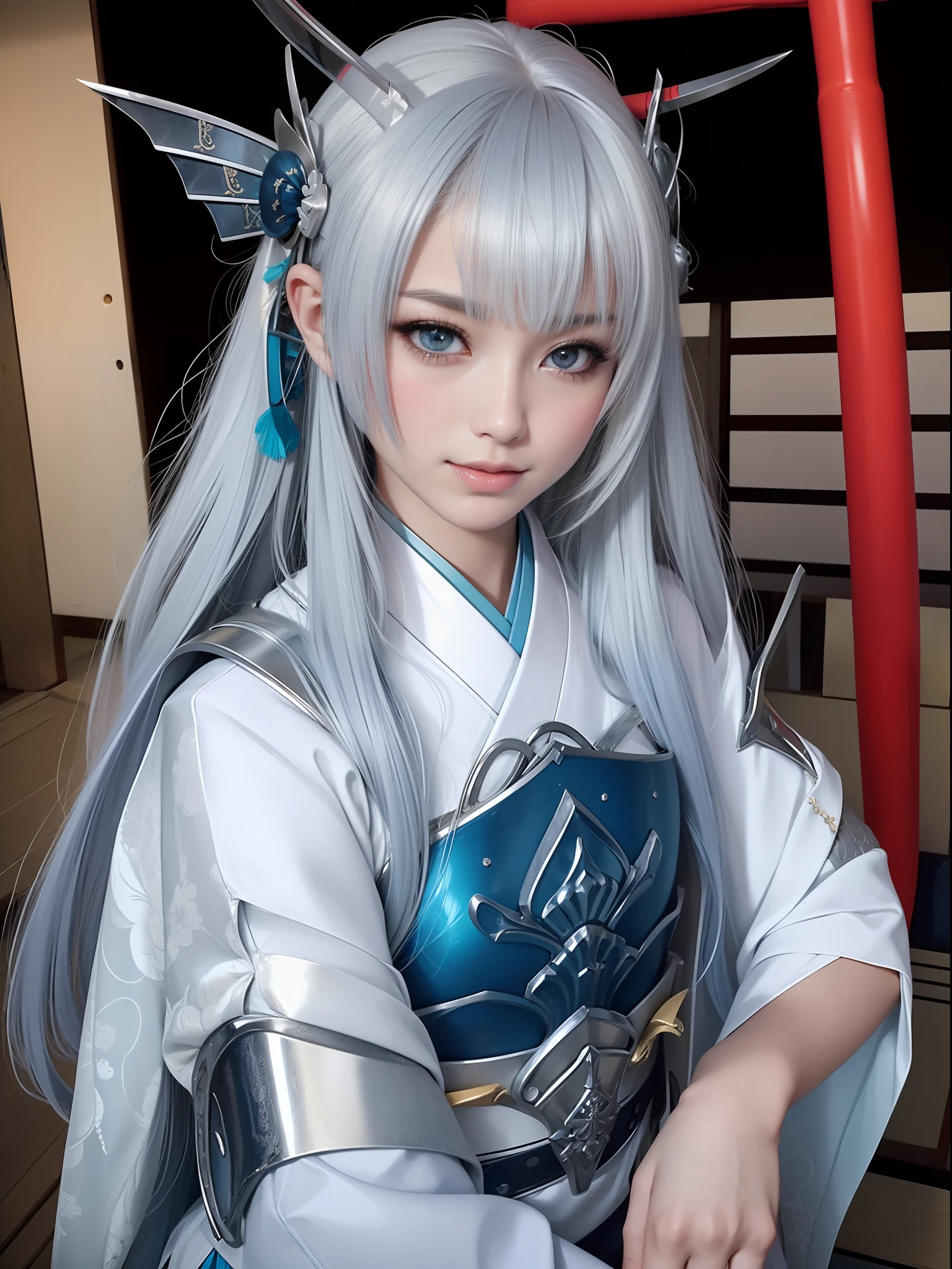 Works of masters, best qualtiy, (((hentail realism、photorealestic:1.37))), ((独奏)), 8K image quality , anextremelydelicateandbeautiful, splendid, Official art with attention to detail, Unbelievably ridiculous, hugefilesize, Hyper-detailing, The is very detailed, (Pretty girl), (detailed girl), Detailed eyes and face, Beautiful detailed eyes, Light makeup, (1 girl), (perfect women figure), Slim waist, (Pretty girl in Japan), ((full bodyesbian)), With bangs, ((Samurai Japan Woman)), ((Japan blue and silver armor)), (Detailed Japan armor), (18yr old), ((Samurai Japan Woman)), ((Japan blue and silver armor)) , Wakizashi, (Detailed Japan armor), Shrines and temples,