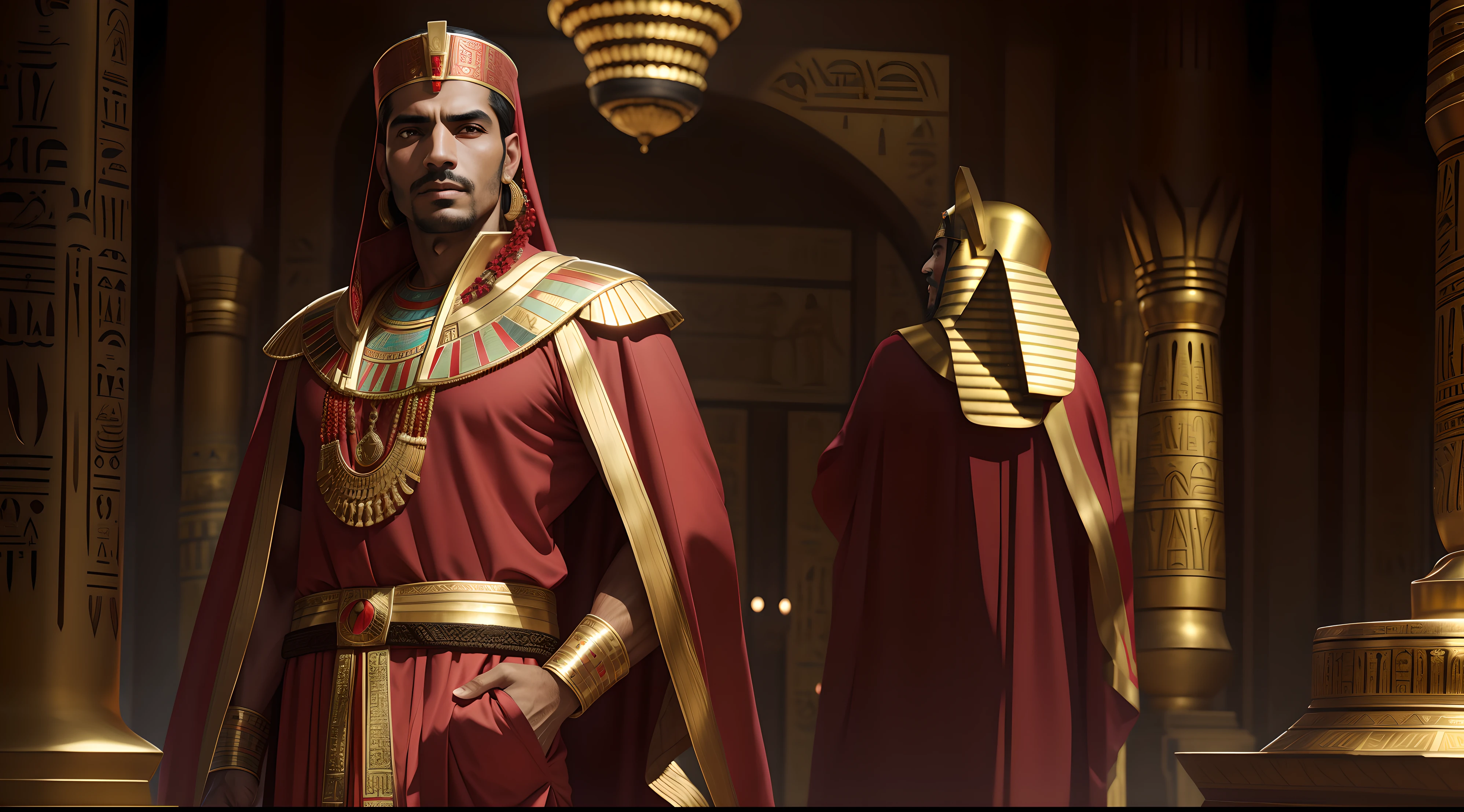 "An Egyptian man with a scarlet robe with intricate golden embroidery, exuding an aura of ancient elegance and regal majesty."