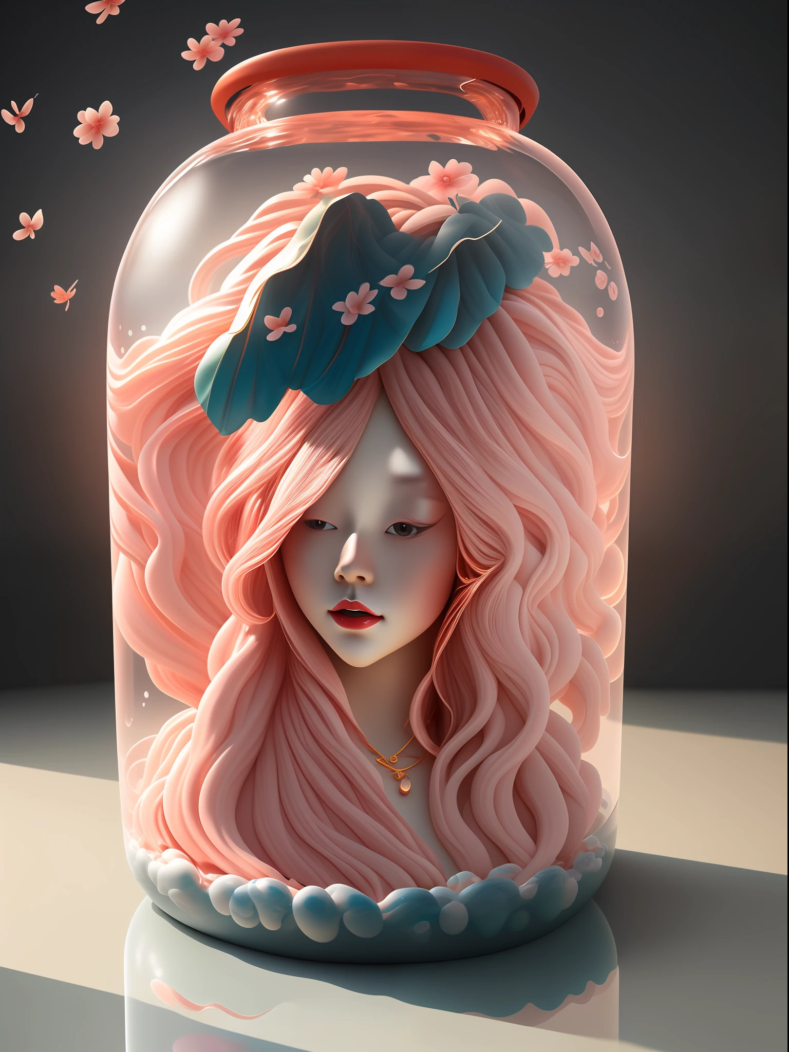 A female figure made of liquid in a transparent container filled with water。
