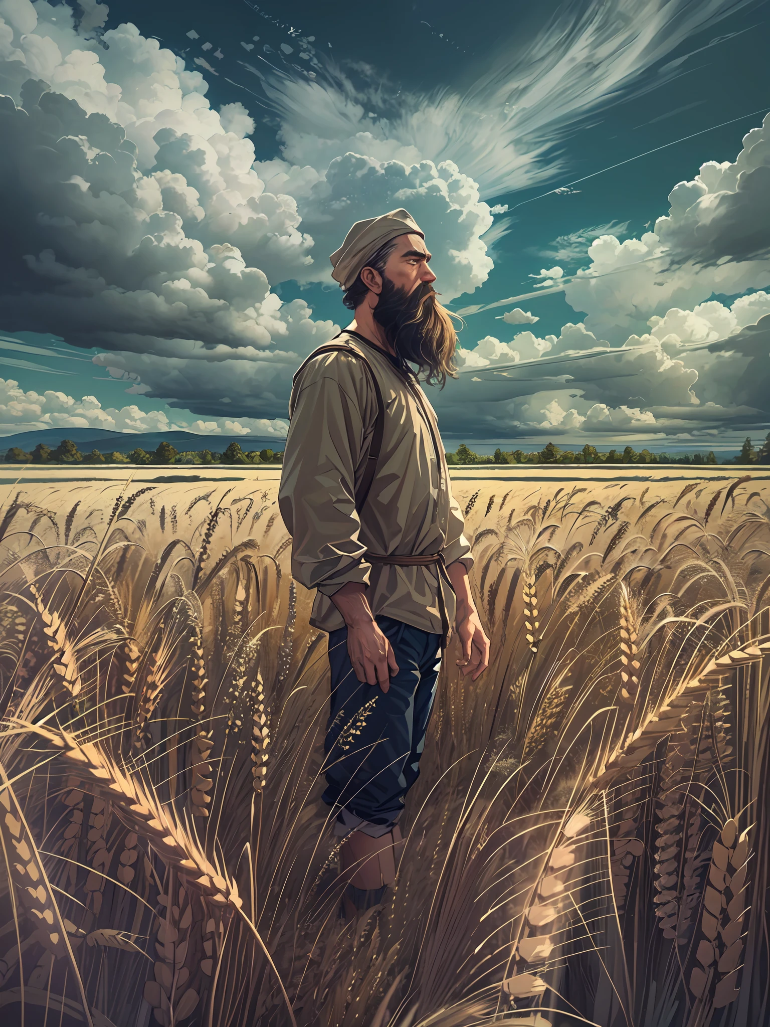 Wheat field, russian peasant witl long beard, standing in a wheat field, Russia, Leo Tolstoy, big clouds, blue sky, rice field, neat rice seedlings in the field, forest, hillside, secluded, rural, HD detail, hyper-detail, cinematic, surrealism, soft light, deep field focus bokeh, ray tracing and surrealism. --v6