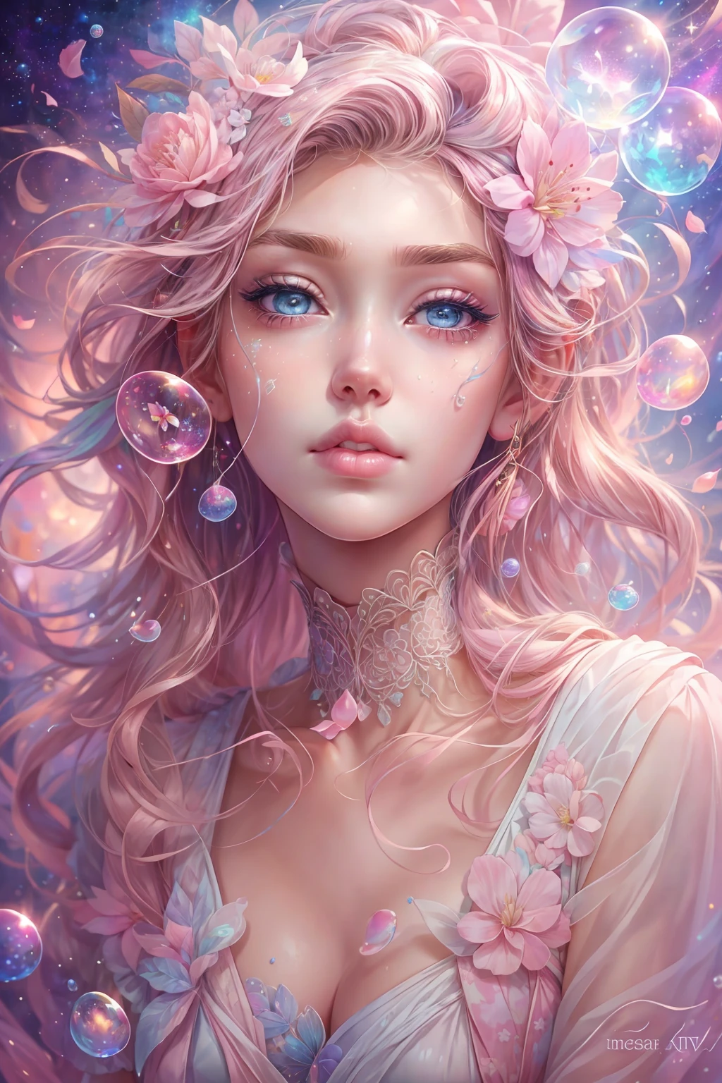 ((masterpiece)). This artwork is sweet, dreamy and ethereal, with soft pink watercolor hues and candy accents. Generate a delicate and demure English fae exploring a (bubblegum world with a wide variety of pastel shades). Her sweet face is extremely detailed and realistic with elegant features and a sweet and subtle expression and looks like ((Gigi Hadid)). Include mature features, puffy lips, and stunning, highly realistic eyes. Her eyes are important and should be realistic, highly detailed, and beautiful. In high definition and detail, include lots of details like stars, galaxies, colorful bubbles, colorful petals, and lots of energy and emotion! The stars and colorful bubblegum bubbles are important! Include fantasy details, enhanced details, iridescence, colorful glittering wind, and pollen. Pay special attention to her face and make sure it is beautifully and realistically detailed. The image should be dreamy and ethereal.8k, intricate, elegant, highly detailed, majestic, digital photography