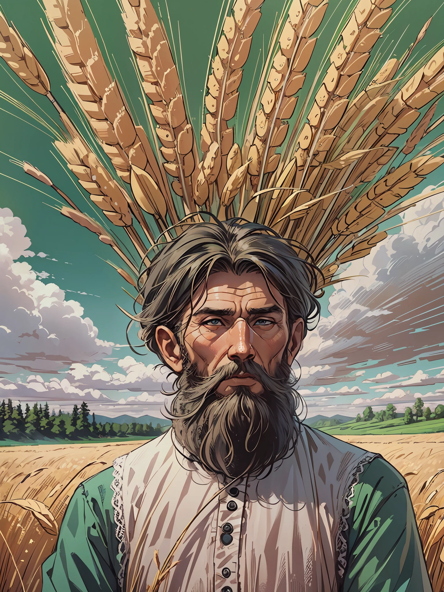 Wheat field, russian peasant witl long beard, standing in a wheat field, Russia, Leo Tolstoy, big clouds, blue sky, rice field, neat rice seedlings in the field, forest, hillside, secluded, rural, HD detail, hyper-detail, cinematic, surrealism, soft light, deep field focus bokeh, ray tracing and surrealism. --v6