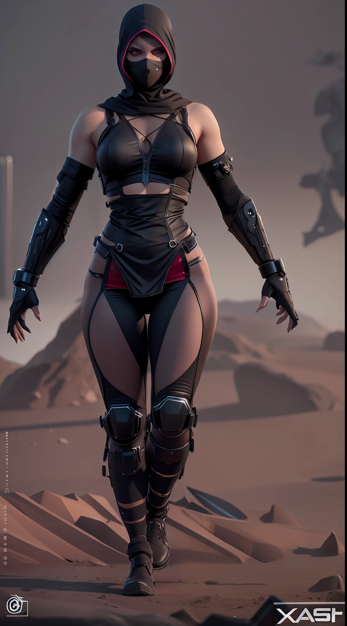 mulher arafed em uma roupa preta e um capuz e luvas, 3 d render arte do caractere 8 k, usando roupas e armaduras, sci fi female character, octane trending on cgsociety, Octano. trending on ArtStation, Octane CGsociety, Cinematic Goddess Body Shot, dystopian scifi outfit, assassina feminina, trending in cgsociety, estilo fantasia 8 k Octano render