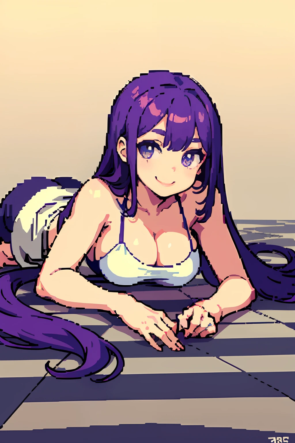 pix, Pixel art, 1girll, Purple hair big breasts, lying on floor, Body, Smile, cozily,The barefoot