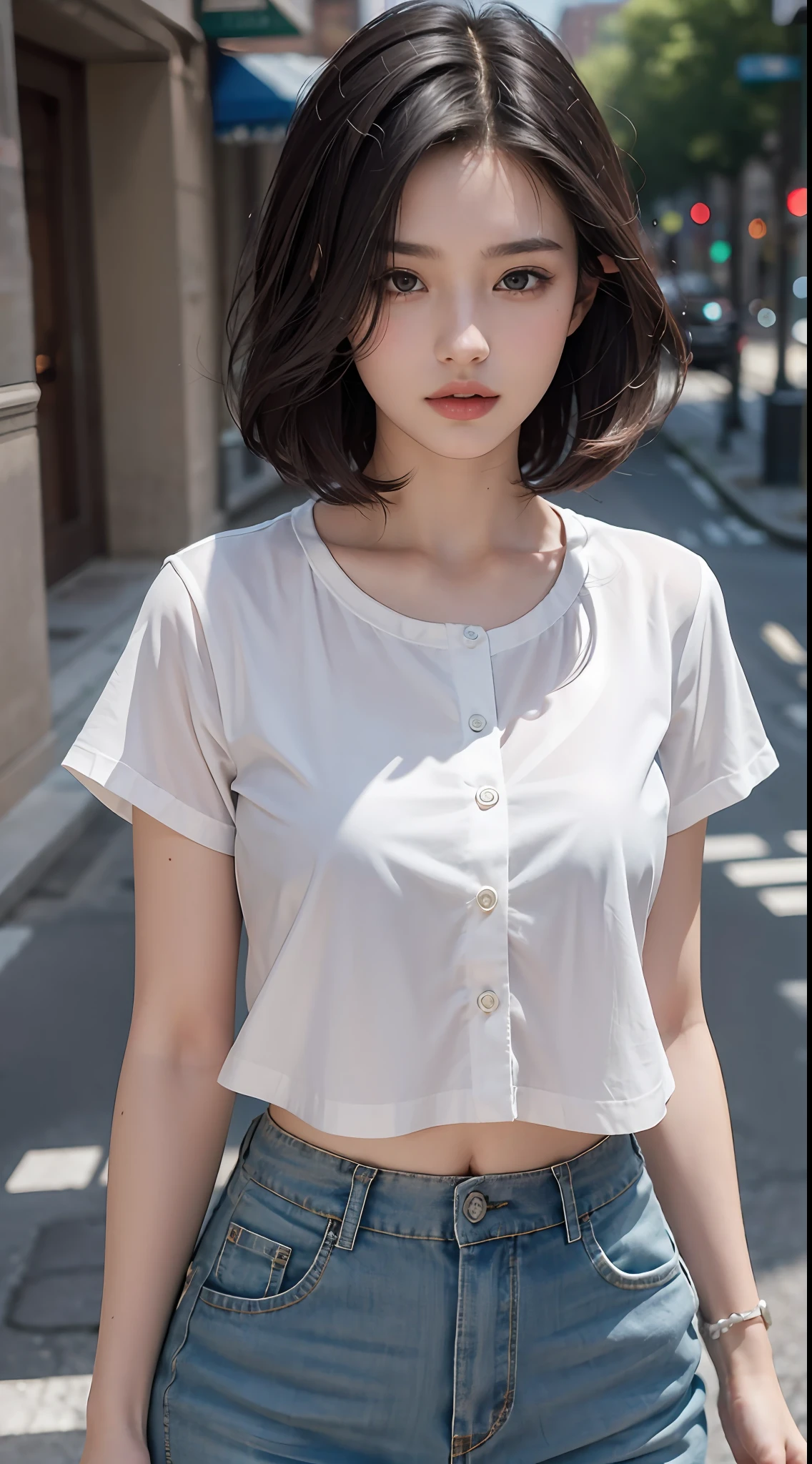 ((Best Quality, 8K, Masterpiece: 1.3)), Sharp: 1.2, Perfect Body Beauty: 1.4, Slim Abs: 1.2, ((Layered Hairstyle, :1.2)), (White Button Short Sleeve Shirt: 1.1), (Street: 1.2), Wet: 1.5, Highly detailed face and skin texture, Fine eyes, double eyelids, looking at the camera