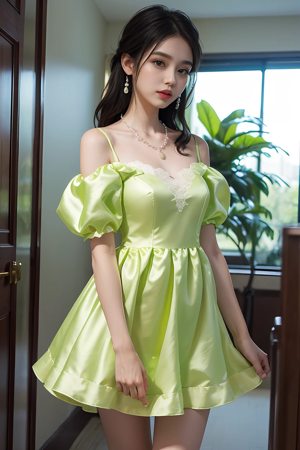 Women's Summer Mini Dress Puff Sleeve Off Shoulder A-Line A-line Dress Lime Green Light Green Satin Silk Satin Dress Silk Organza Yellow Long Dress Disney Lace Pearl Necklace
