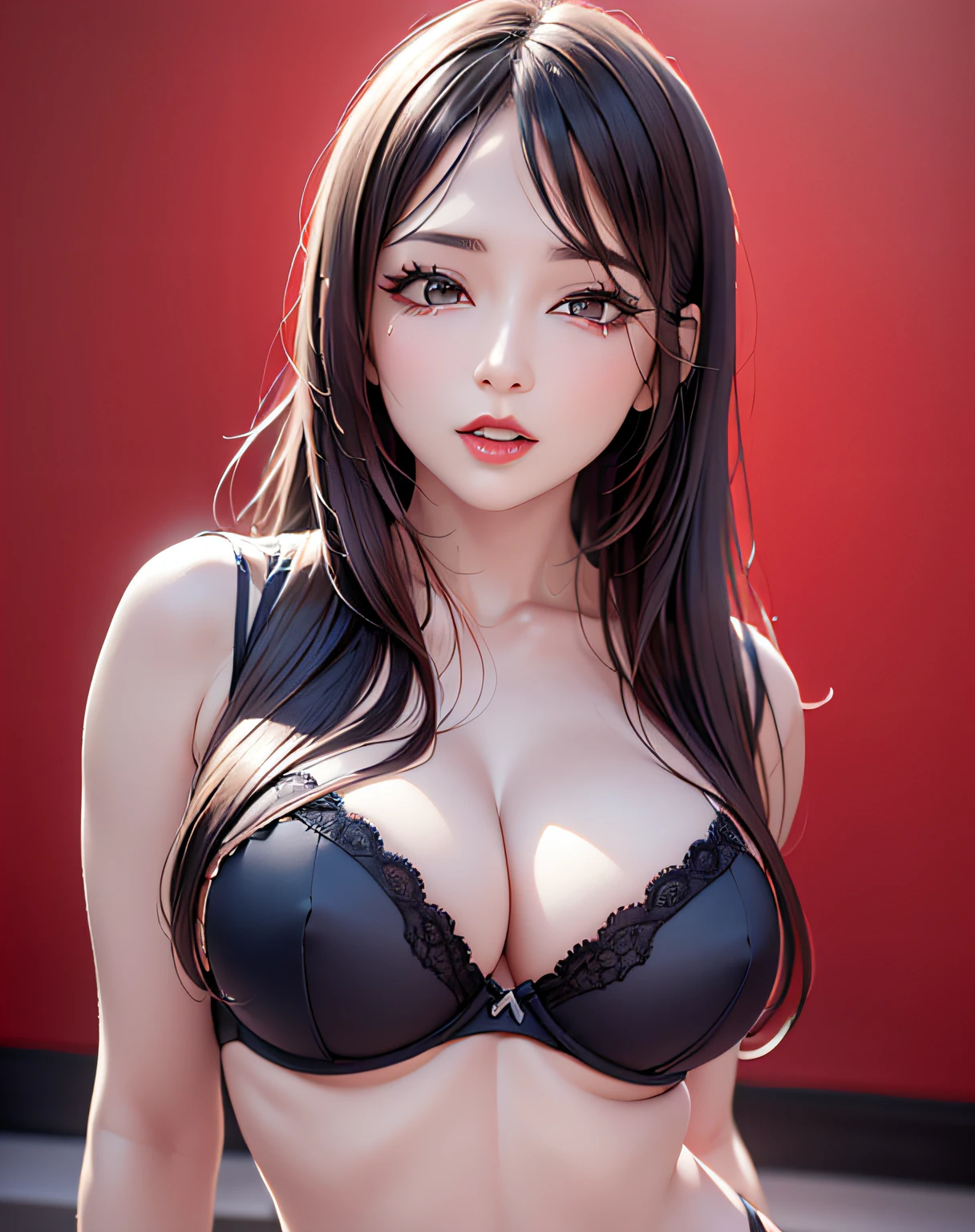 (8k, RAW photo, best quality, masterpiece: 1.2), (realistic, photorealistic: 1.37), 1 girl, Japan, 40s,, cityscape, night, professional lighting, photon mapping, radiosity, ripped, big, bright red see-through and very small bra, gal , Lots of lashes, Lame on the eyelids, Bright red lips, Pure black heels, Lower Slender, Crotch wide open, are large and seem to spill out of the bra,