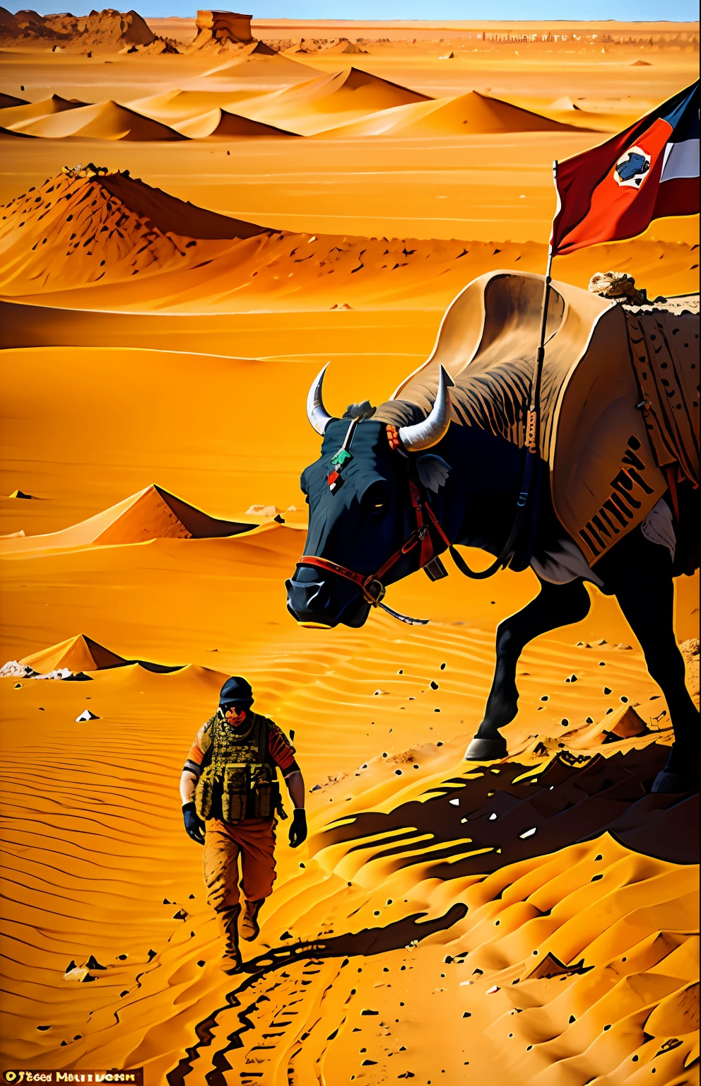 Desert, the head of a bull meth buried in a desert, a scorching sun, orange sand, a soldier returning from war carrying a weapon, holding the Libyan flag and flapping it