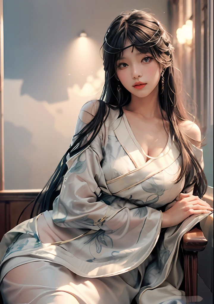 Art depicts a charming woman,Dressed in a flowing manner、Silky traditional oriental dress,white colors,Decorated with intricate patterns and bright colors。Her dress draped elegantly over her curvy figure,Highlights her seductive silhouette。She stood gracefully in the tranquil sunlight,Bask in soft sunlight。The scene exudes an ethereal and dreamy atmosphere,With a touch of mystery and sexiness。The image style incorporates watercolor and digital illustration techniques,It evokes a refined beauty and charm。The lights are filled with soft moonlight,casting soft highlights and shadows on her charming features。Bare thighs,Bigchest