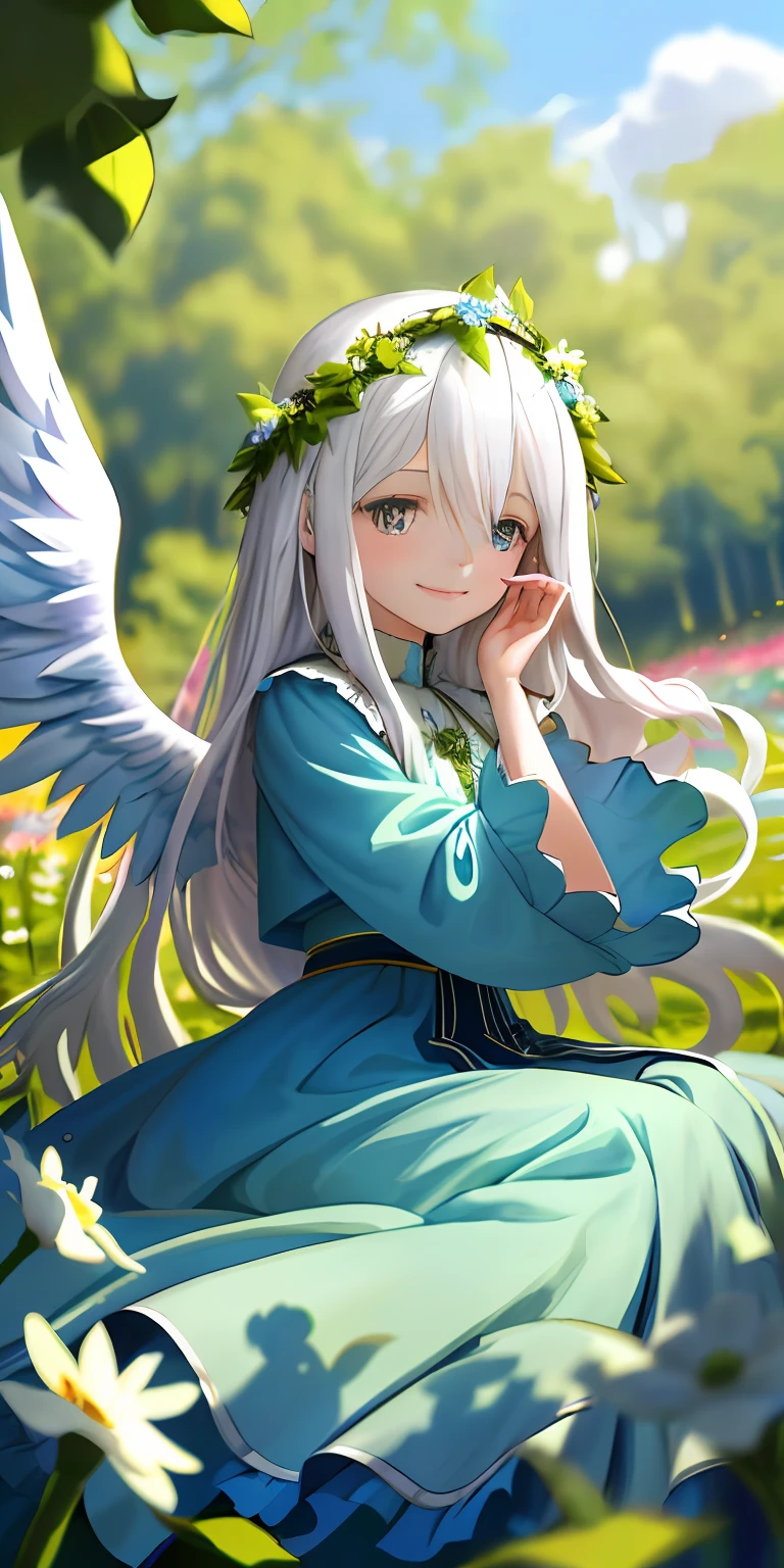 （tmasterpiece，best qualtiy），A long-haired loli with white hair sits in a tree-lined flower field，She has blue pupils，her hand under her chin，She wears a garland，covers right eye，and she smiling，warmly lit，She wore a sky blue dress，She has white wings，Blurred foreground