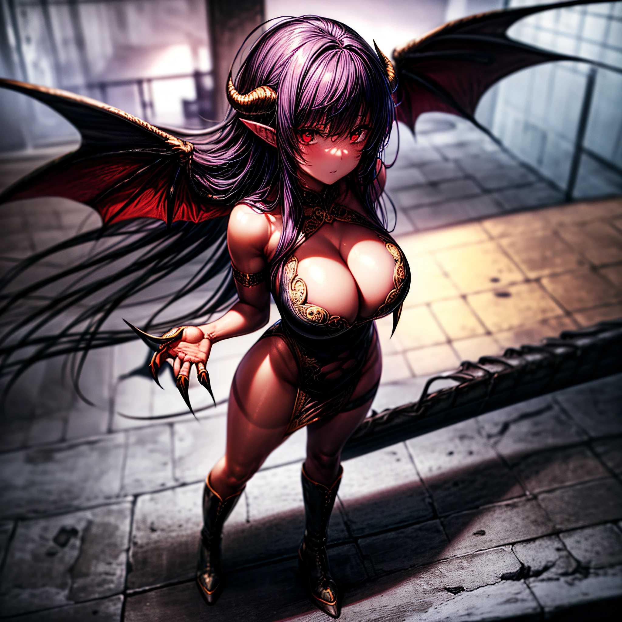 (Masterpiece, high quality, high definition), 1demon girl, beautiful and extremely sexy, ((perfect body, slim, athletic body)), (shabby thighs), (pointed ears), (horns), (red eyes ), (purple hair), (beautiful, bright eyes), (hair thrown in front, long hair), ((huge bat wings)), ((well-manicured, detailed hands with large claw-shaped nails):1.3 ), wearing a detailed and extremely sexy red skin-tight dress, (boots), ((full body), (skin texture), (extremely detailed skin)), standing on a rock looking at the viewer, low angle, isometric perspective, (apocalyptic landscape)
