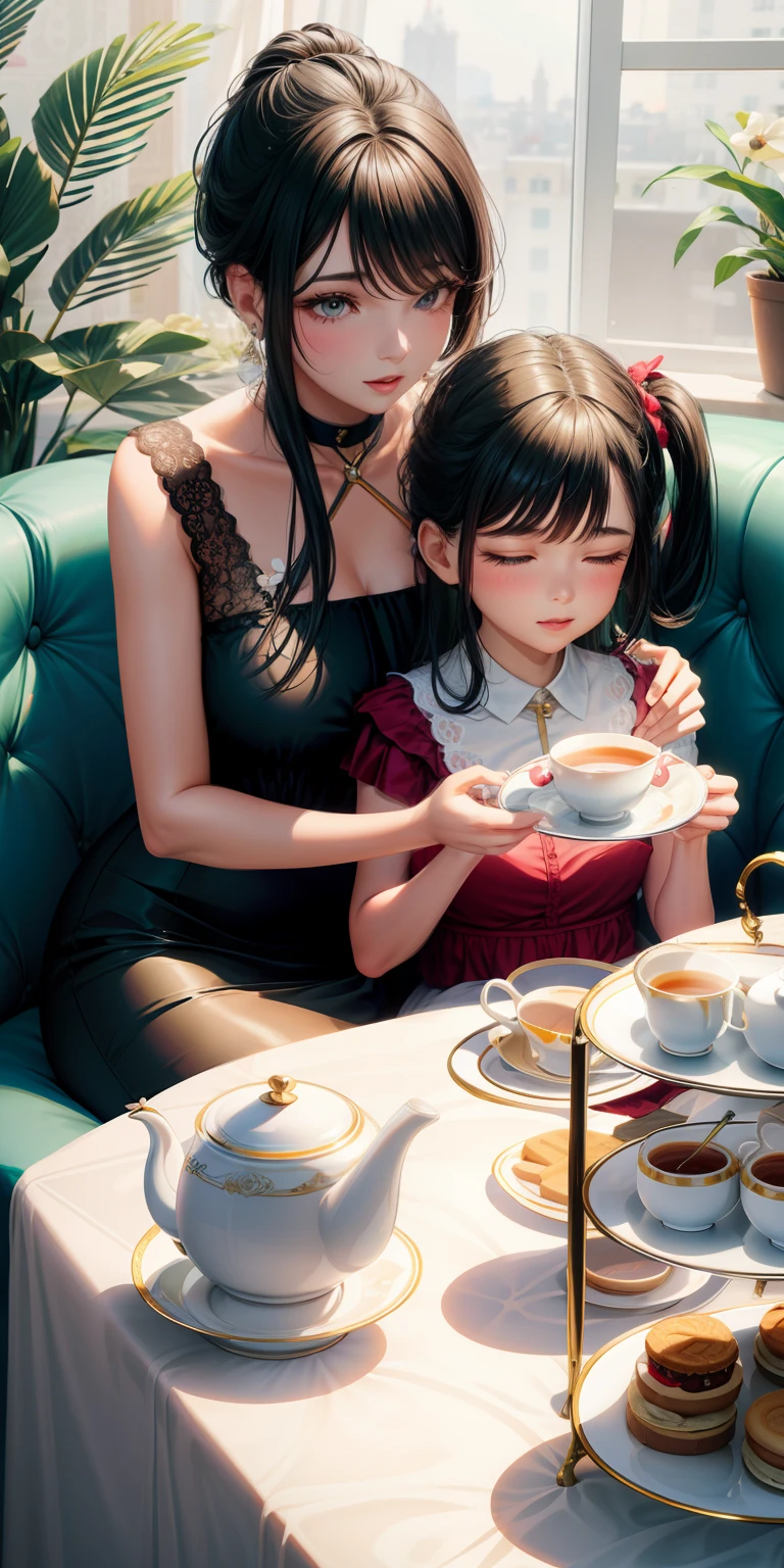 realista, Mother with daughter, fami, Afternoon tea, Mother with black hair, Olhos vermelhos, filha com cabelos brancos, Sitting at the table, Tea, biscoitos, vestidos formais, Ternos finos, porcelna, flores decorativas, ensolarado, varanda, Tomado, castelo, jardim