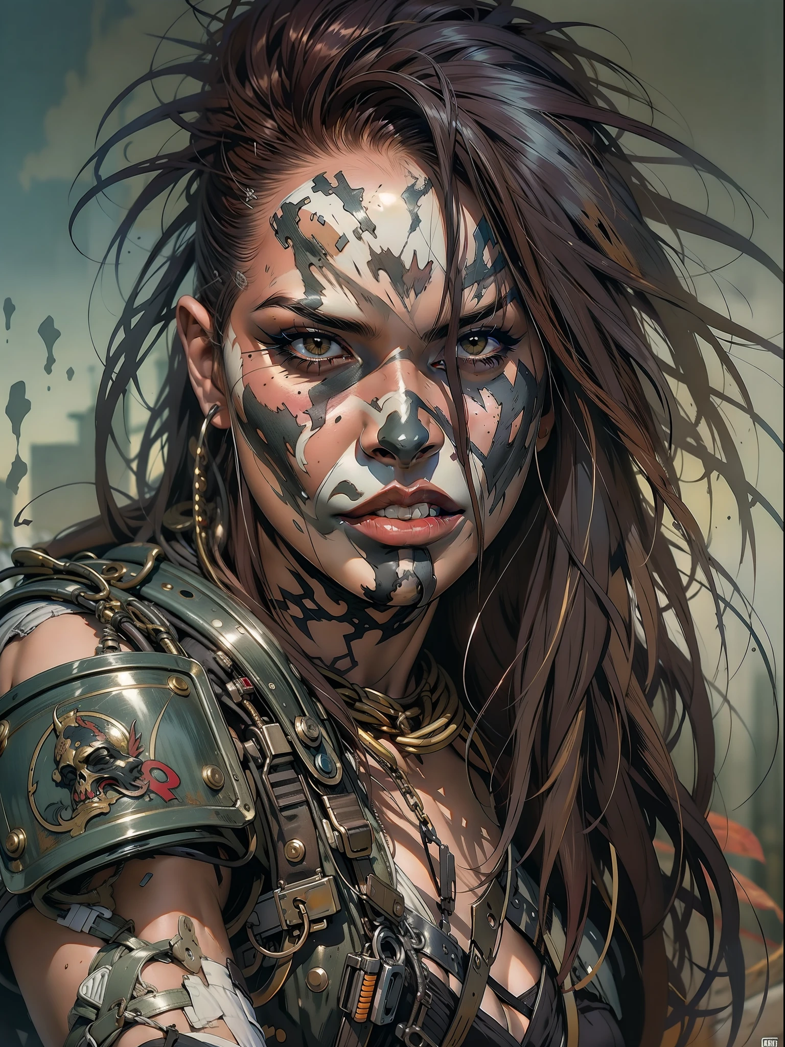 A post-apocalyptic warrior, uma mulher de 35 anos quase nua no estilo Simon Bisley para a capa da revista Heavy Metal, cabelo metade preto metade branco, Minimum clothing, roupas curtas,