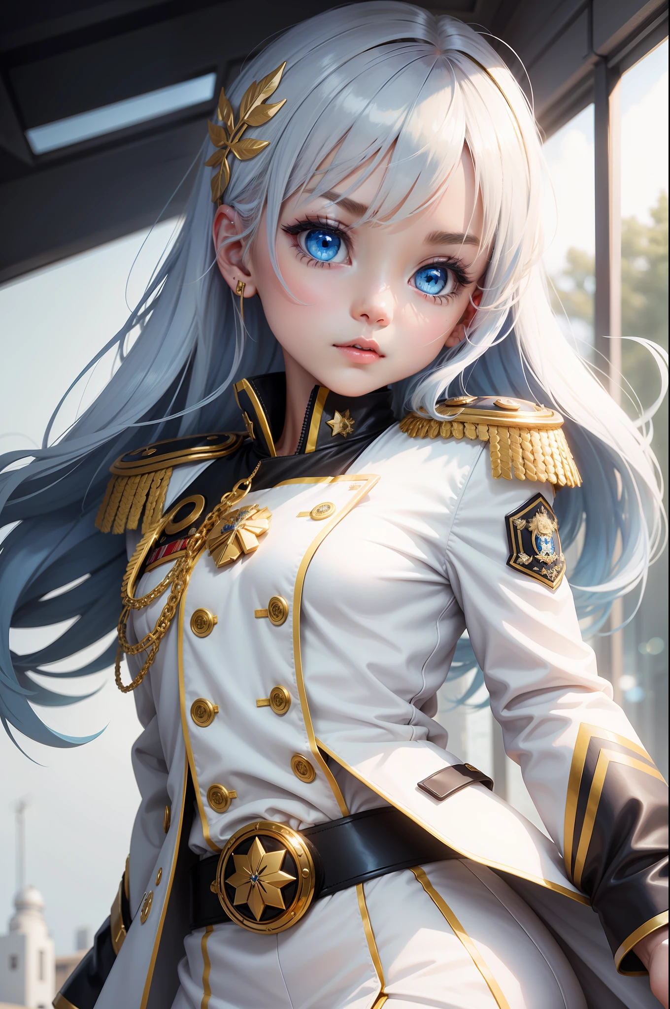 Chibi Girl with blue eyes in a large white military jacket with gold epaulets