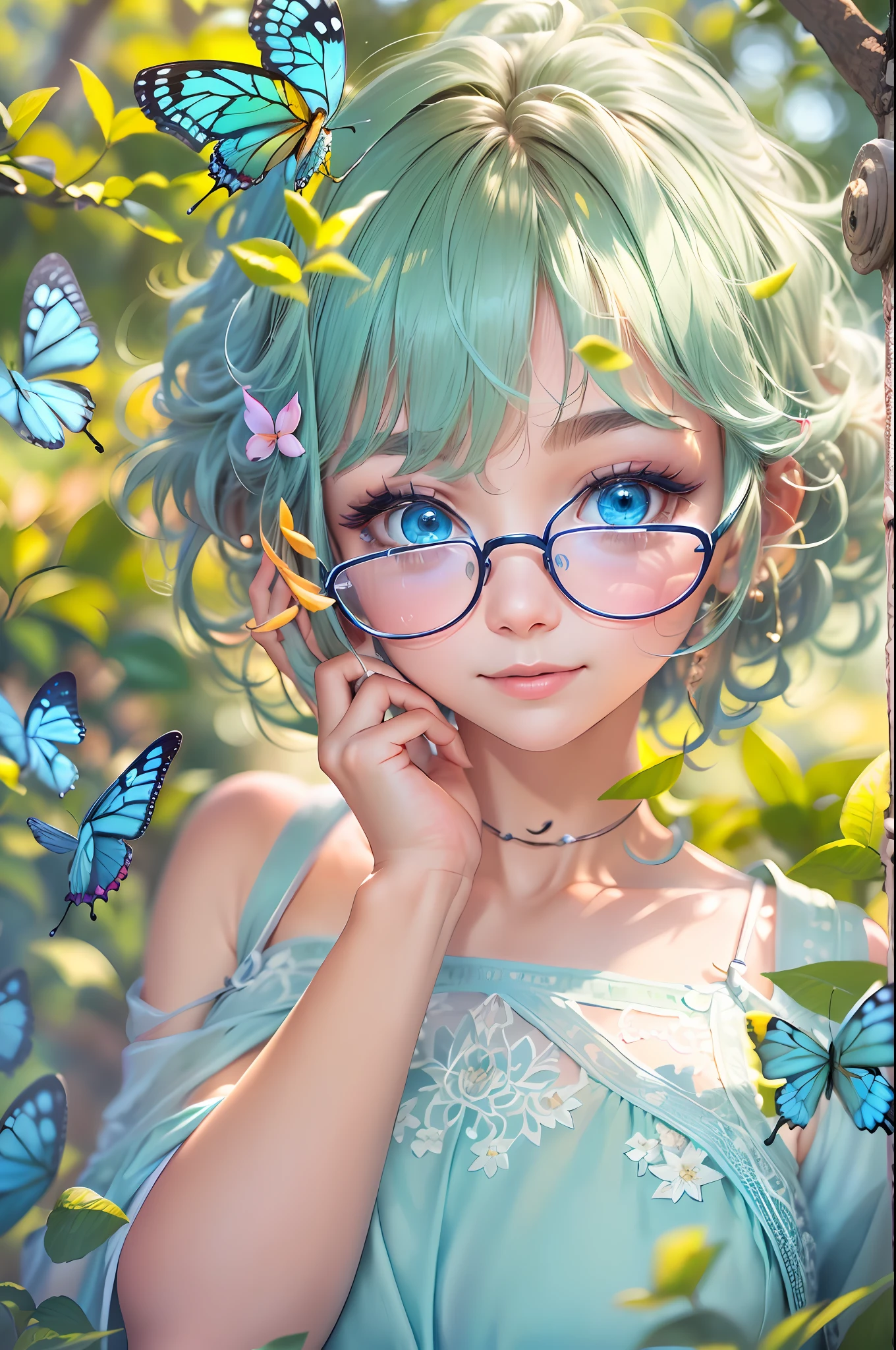 (highres, high lighting, 4k), blue rimmed glasses, long face, 1girl, face, detailed face, blue eye, garden, very short hair, she has a butterfly on her head, close up face, sun in mid day, smile, :), looking at viewer, close - up intensity, blue dress, eyes half closed,