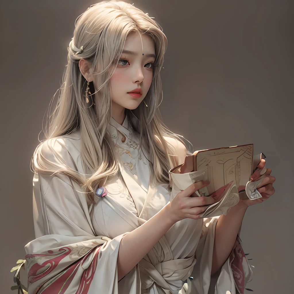 Art depicts a charming woman，Dressed in a flowing manner、Silky traditional oriental dress，white colors，Decorated with intricate patterns and bright colors。Her dress draped elegantly over her curvy figure，Highlights her seductive silhouette。She stood gracefully in the tranquil sunlight，Bask in soft sunlight。The scene exudes an ethereal and dreamy atmosphere，With a touch of mystery and sexiness。The image style incorporates watercolor and digital illustration techniques，It evokes a refined beauty and charm。The lights are filled with soft moonlight，casting soft highlights and shadows on her charming features。Bare thighs，Bigchest