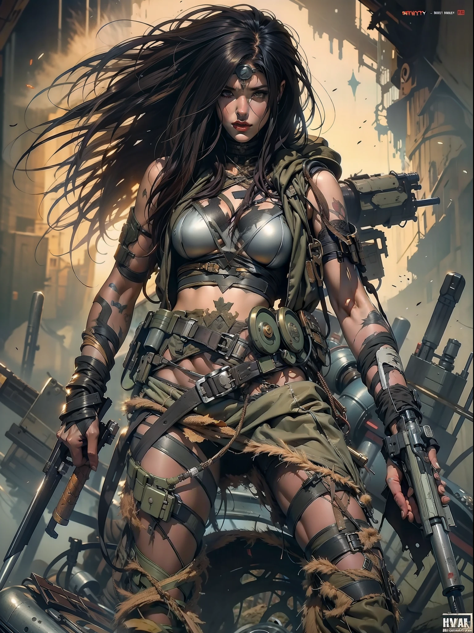 A post-apocalyptic warrior, uma mulher de 35 anos quase nua no estilo Simon Bisley para a capa da revista Heavy Metal, cabelo metade preto metade branco, Minimum clothing, roupas curtas,