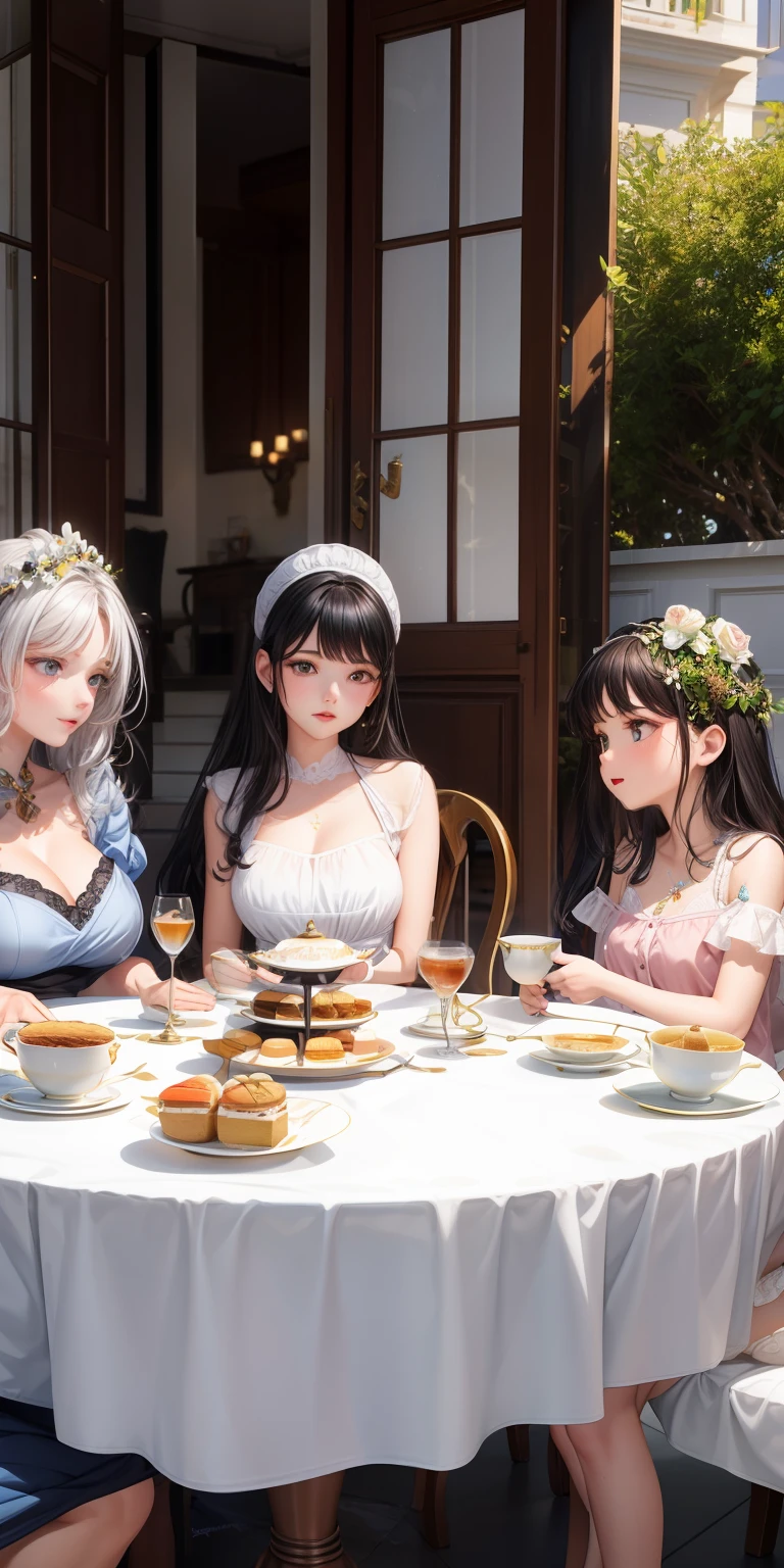 realista, Mother with daughter, fami, Afternoon tea, Mother with black hair, Olhos vermelhos, filha com cabelos platinados, Sitting at the table, Tea, biscoitos, vestidos formais, Ternos finos, porcelna, flores decorativas, ensolarado, varanda, Tomado, castelo, jardim