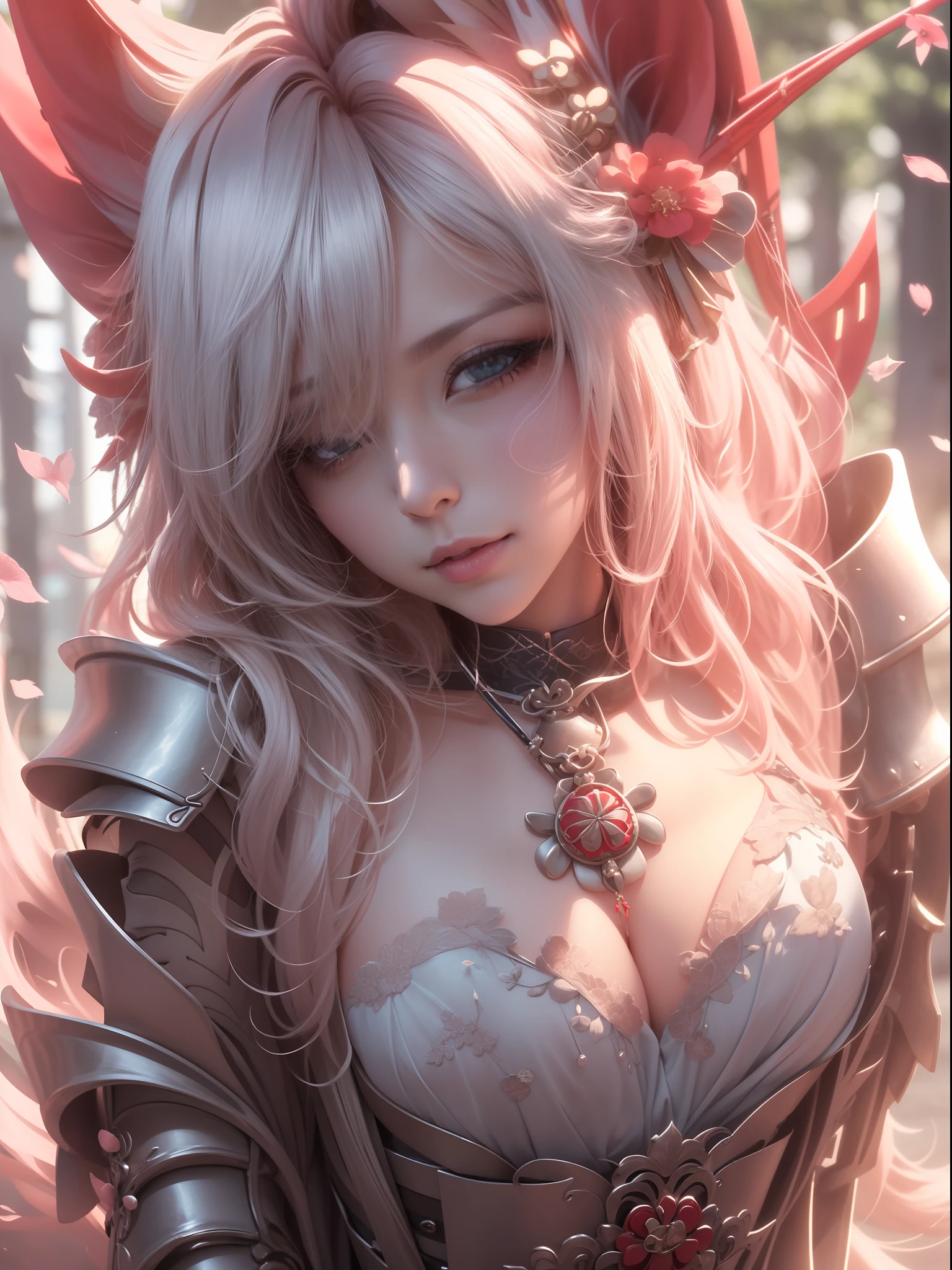 Works of masters, best qualtiy, (((hentail realism、photorealestic:1.37))), ((独奏)), 8K image quality , anextremelydelicateandbeautiful, splendid, Official art with attention to detail, Unbelievably ridiculous, hugefilesize, Hyper-detailing, The is very detailed, (Pretty girl), (detailed girl), Detailed eyes and face, Beautiful detailed eyes, Light makeup, (1 girl), (perfect women figure), Slim waist, (Pretty girl in Japan), ((full bodyesbian)), With bangs, ((Samurai Japan Woman)),  ((Japan blue and silver armor)), (Detailed Japan armor), (18yr old), ((Samurai Japan Woman)), ((Japan blue and silver armor)) , Wakizashi, (Detailed Japan armor), Shrines and temples,
