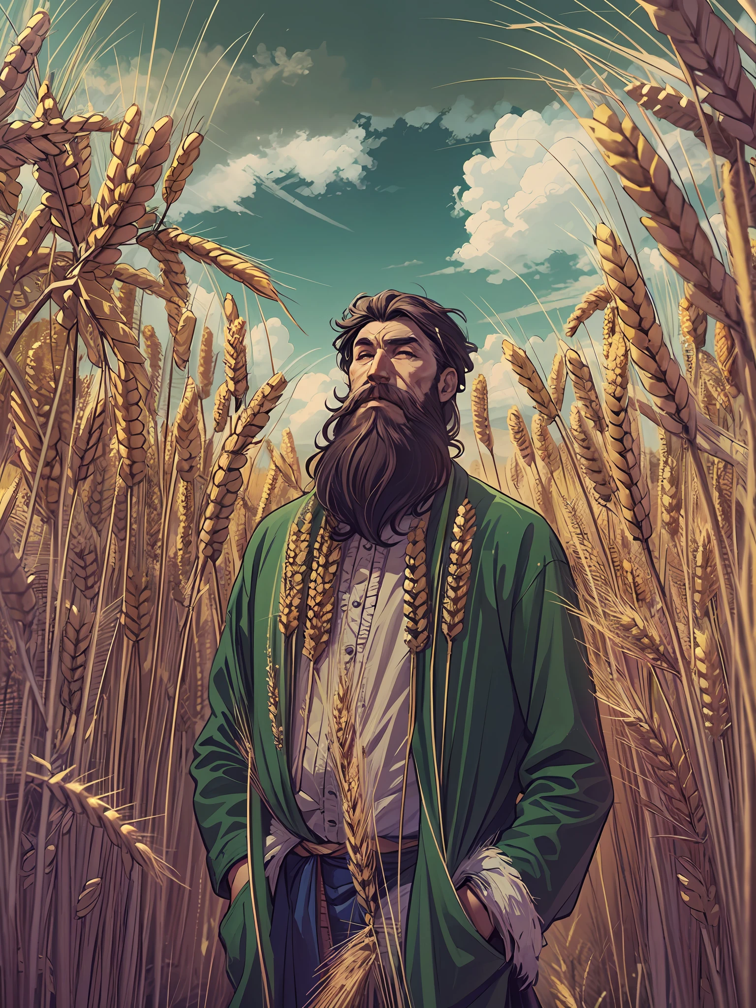 Wheat field, russian peasant witl long beard, standing in a wheat field, Russia, Leo Tolstoy, big clouds, blue sky, rice field, neat rice seedlings in the field, forest, hillside, secluded, rural, HD detail, hyper-detail, cinematic, surrealism, soft light, deep field focus bokeh, ray tracing and surrealism. --v6