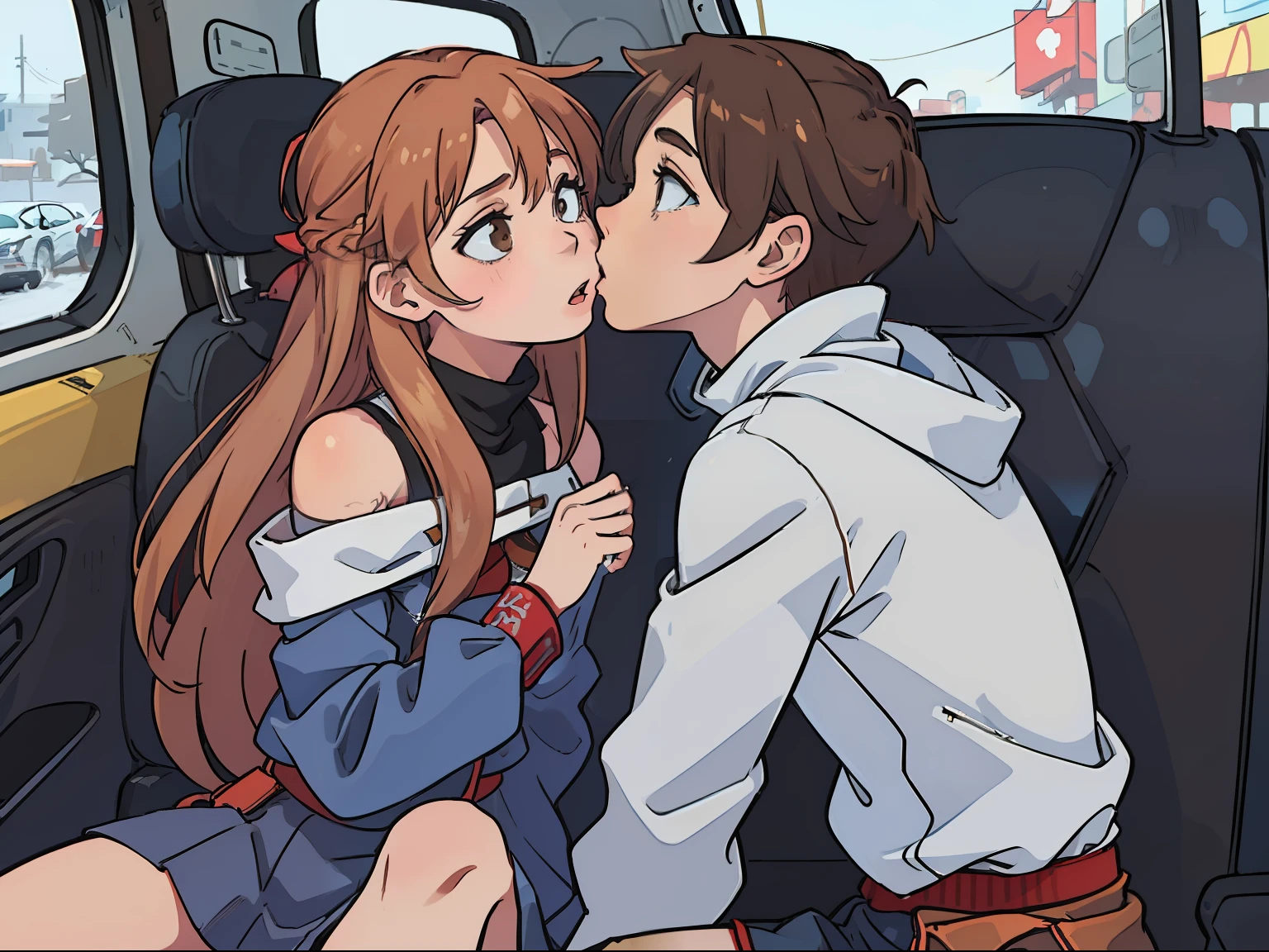 (Boy1 kissing Asuna1 inside the taxi), (Asuna1, female, long blond hair, brown eyes, blue off-shoulder turtleneck top, red short skirt, white sandals, surprised), (Boy1, male, taller than Asuna1, short red brushed-up hair, red bandanna, brown eyes, black leather jacket, blue jeans, kiss Asuna1), inside taxi