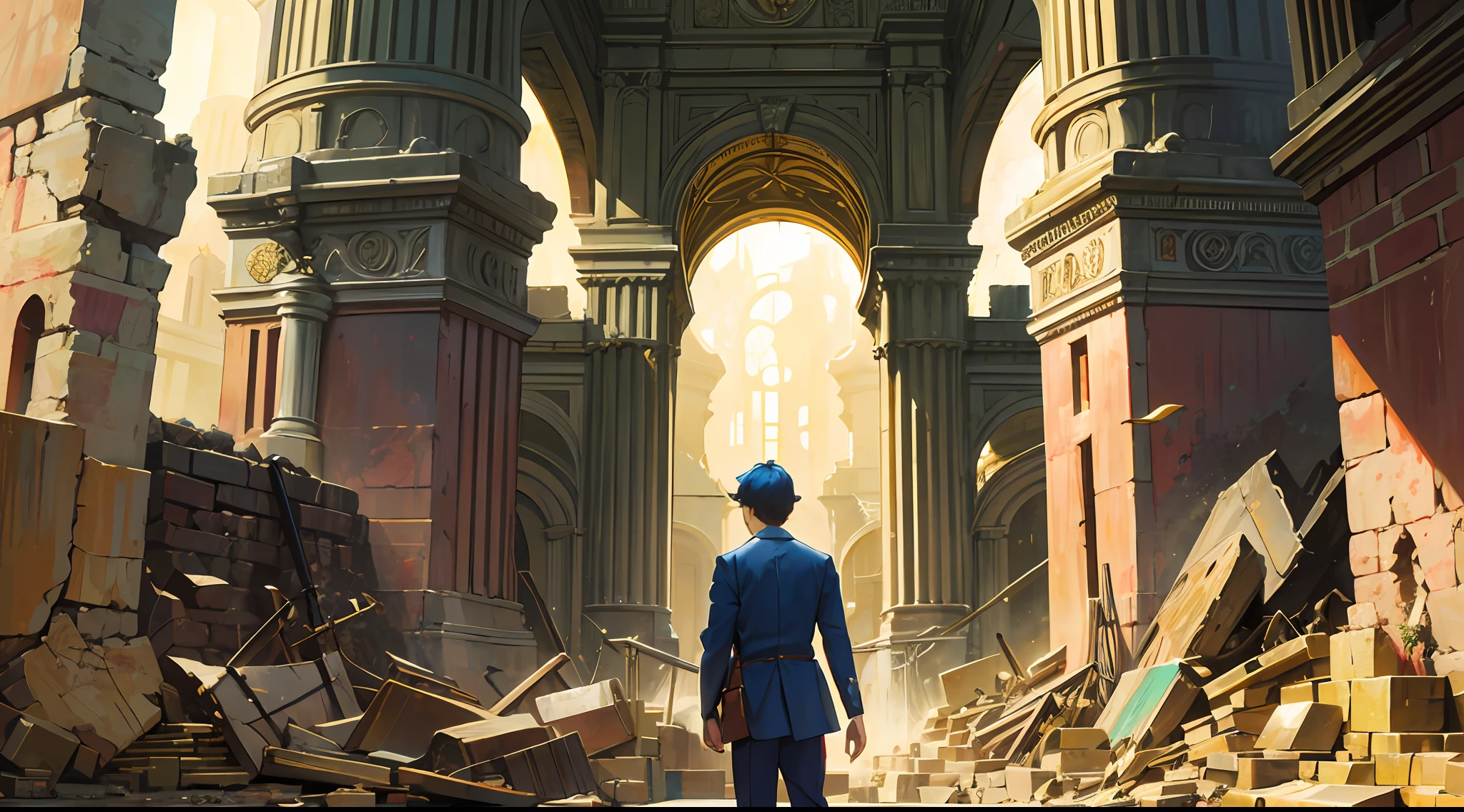 One beautiful boy searching  The lost city of gold, clearity 4k, nostalgic, masterpiece, old time building's & artifacts made of gold,realistic --auto --s2