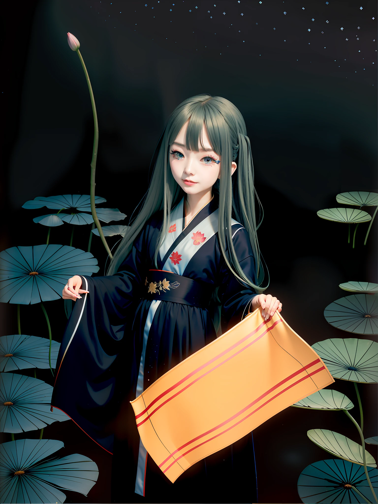 ((4k,masterpiece,best quality)), shuimobysim, Chinese painting, lotus, hanfu, maxiskit, dress conservatively 1girl, solo, long blue hair, smile, standing,