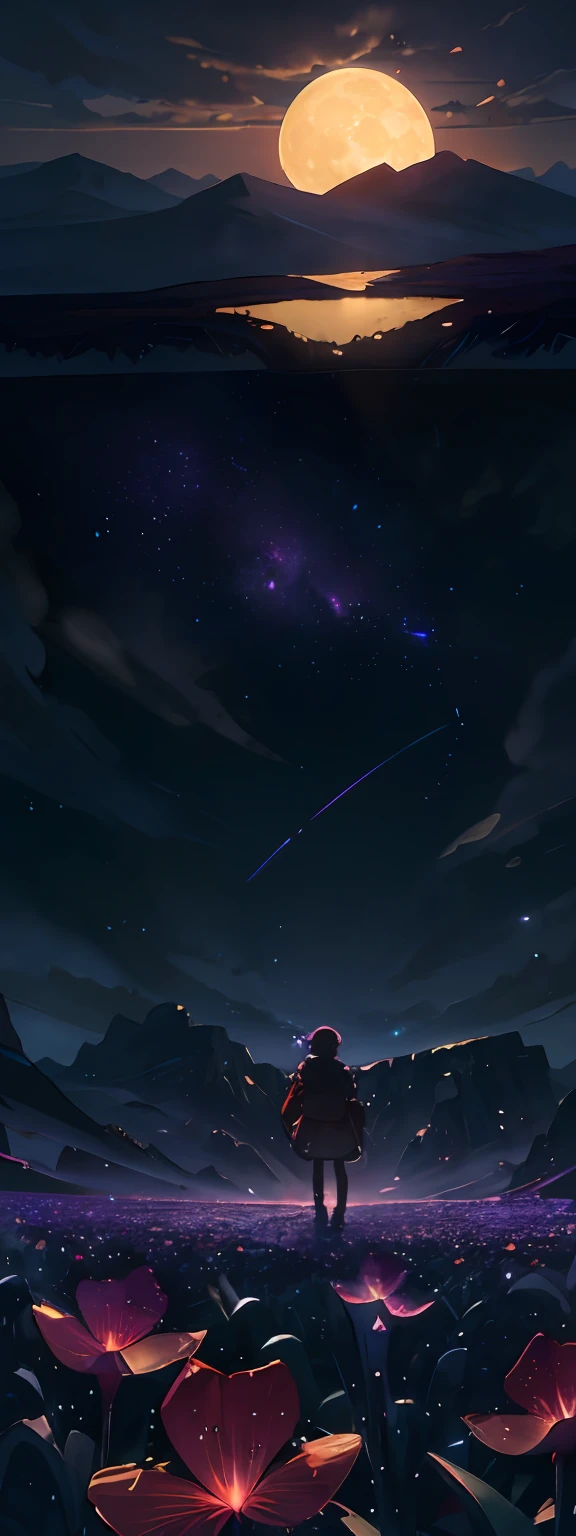 expansive landscape photograph , (a view from below that shows sky above and open field below), a girl standing on flower field looking up, (full moon:1.2), ( shooting stars:0.9), (nebula:1.3), distant mountain, tree BREAK
production art, (warm light source:1.2), (Firefly:1.2), lamp, lot of purple and orange, intricate details, volumetric lighting BREAK
(masterpiece:1.2), (best quality), 4k, ultra-detailed, (dynamic composition:1.4), highly detailed, colorful details,( iridescent colors:1.2), (glowing lighting, atmospheric lighting), dreamy, magical, (solo:1.2)