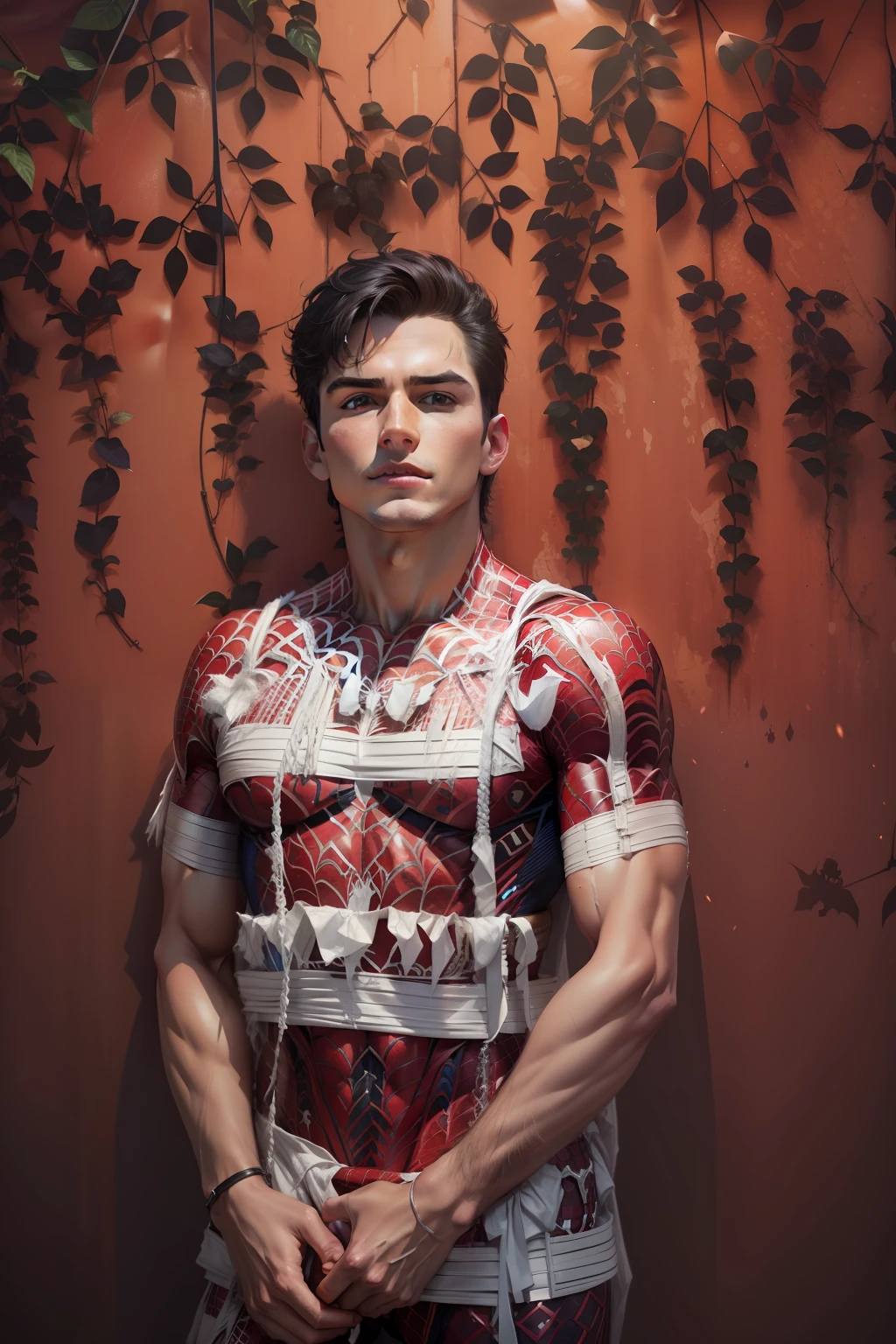 Handsome boy detailed defined body using spider man cosplay,