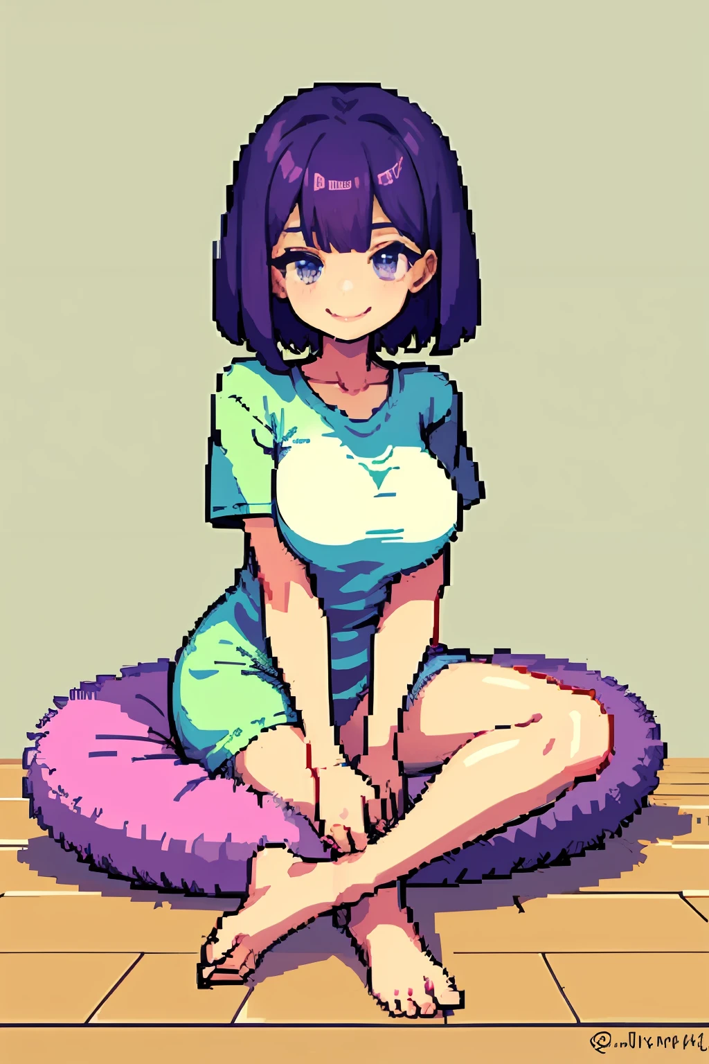 pix, Pixel art, 1girll, Purple hair big breasts, sitting down on the floor, Body, Smile, cozily,baggy,short- sleeved,pantiess,The barefoot