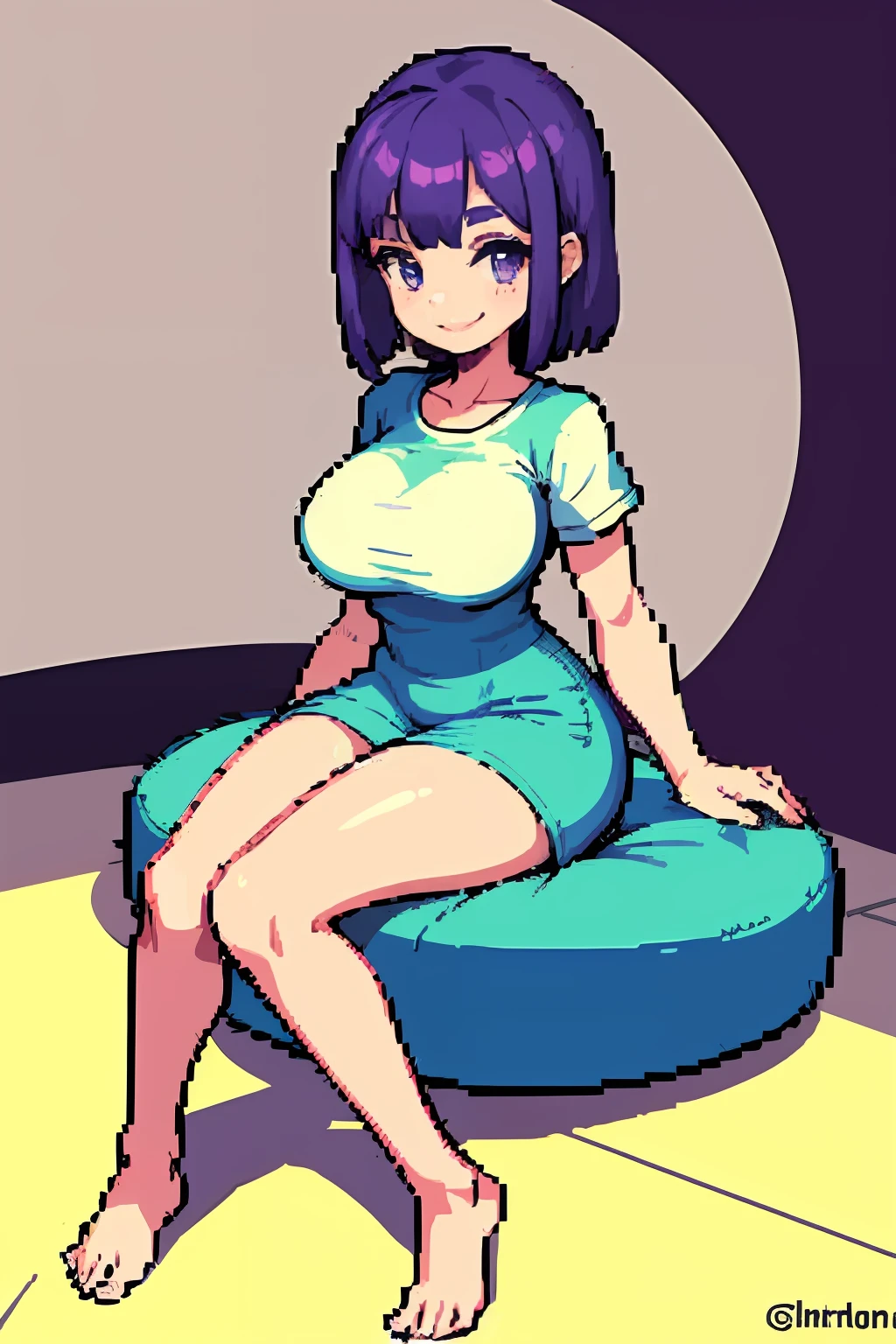 pix, Pixel art, 1girll, Purple hair big breasts, sitting down on the floor, Body, Smile, cozily,baggy,short- sleeved,pantiess,The barefoot