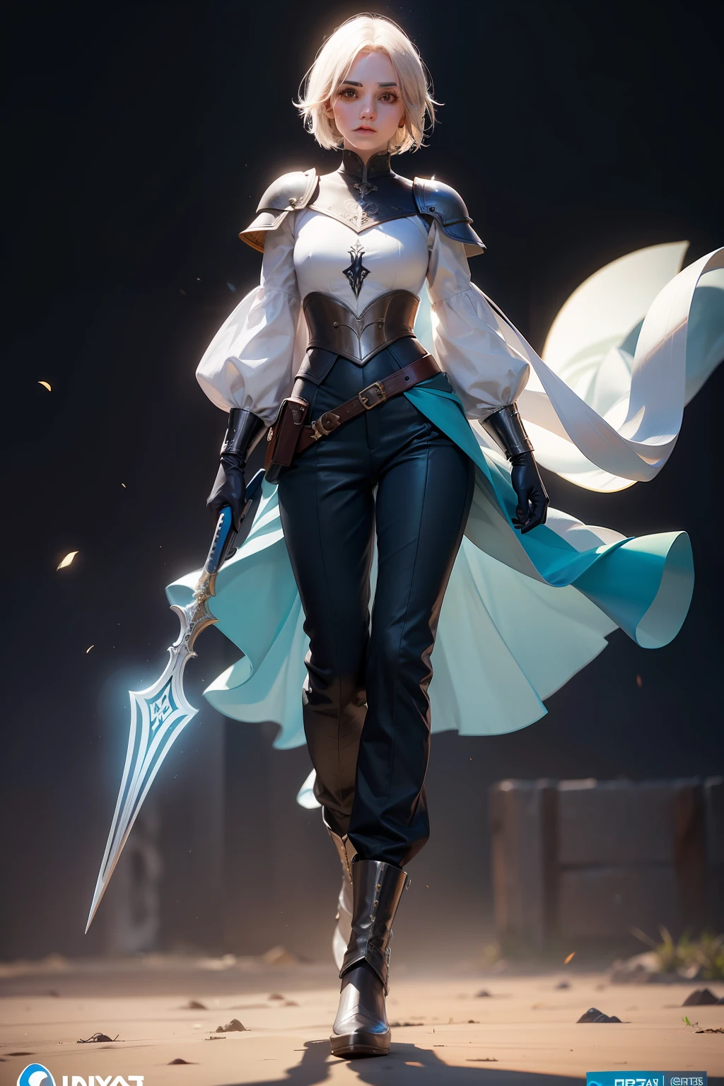uma mulher encantadora, cabelos longos, cabelos loiros, (armadura medieval, fantasia (Trousers), Botas), olhos brilhantes, (corte de cabelo longo ), (olhos verdes), corpo todo, 8k, alta qualidade, high resolution, 4k, disco Rigido, (rosto bem desenhado), amazing face, (super detalhado), Olhos bonitos