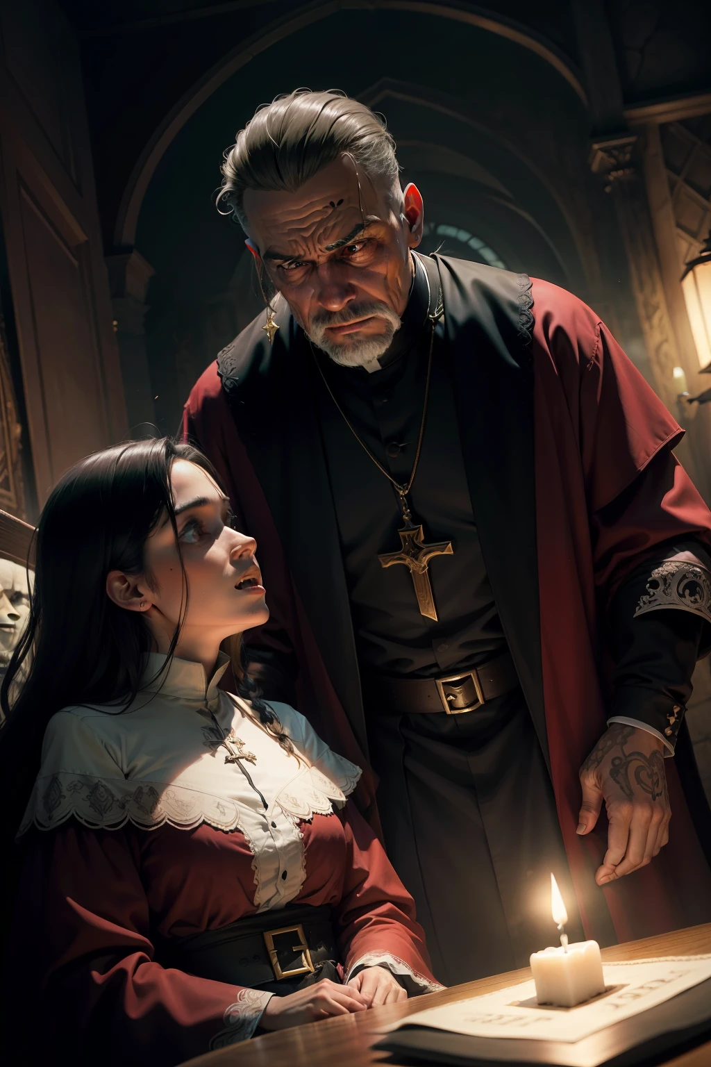 Scenario with a priest and a possessed person, ritual, cama, cruz, maligno, sombrio, medo , terror, realista, pessoas