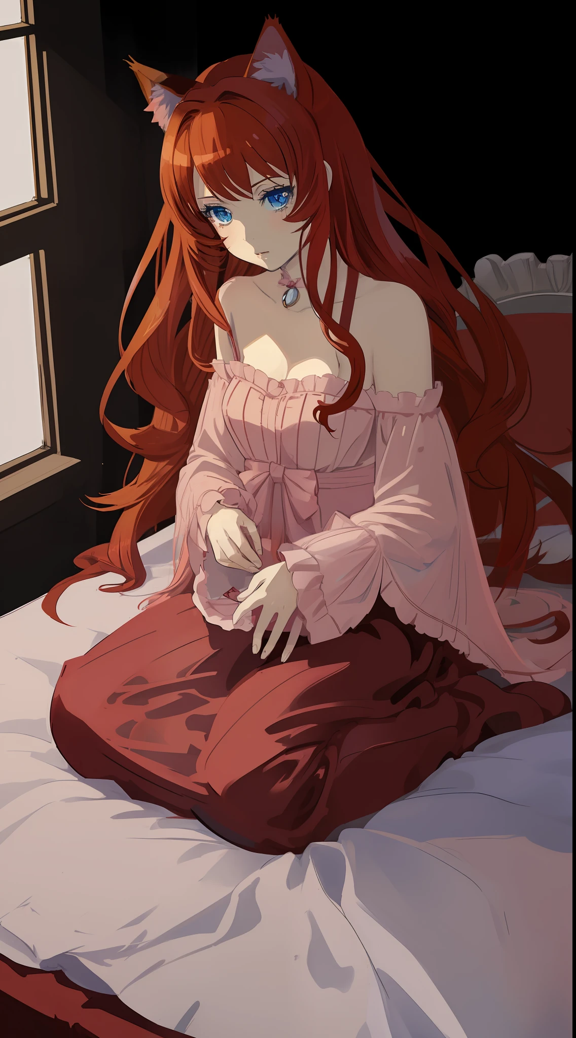 anime girl with red hair and cat ears sitting on a bed, beautiful anime catgirl, cute anime catgirl, anime catgirl, anime girl with cat ears, very beautiful anime cat girl, very beautiful cute catgirl, girl with fox ears, girl with cat ears, pink cute dress, kawaii, young girl, rose color hair, very red hair, pink dress, innocent face, girly, blue eyes, pretty eyes, 4k, minor,(Masterpiece: 1.2), pretty light shading (Best Quality), (solo 1:2), pink dress, kawaii