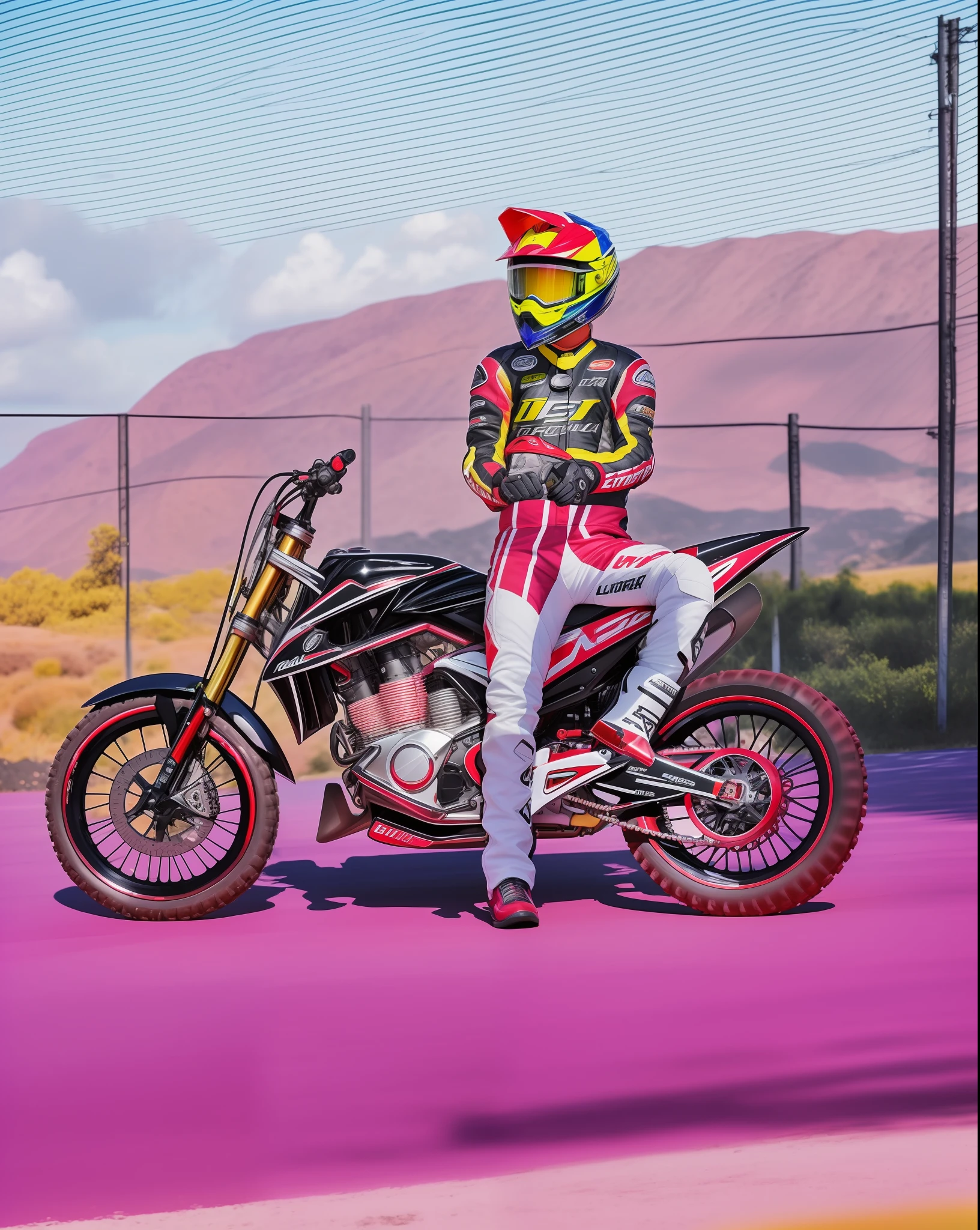 Imagem ultra realista foto da moto com linhas em vermelho , imagem fulturistica , estilo motocross , cores vivas imagem com luz perfeita