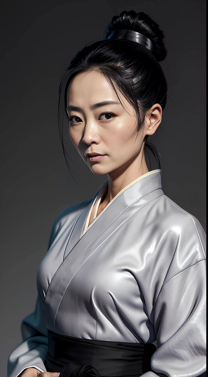 (Character: one chinese woman, 40 years old,, high bun in the hair,small smile)
(Clothing: medical coat, gray hakama)
(Pose: detailed portrait, perfect proportions, (face detailed), portrait, close, close-up hyperdetailed, )
(simple background)
(((masterpiece:1.5)),, photo-realistic:1.3, hyperrealistic, , high contrast, soft lighting)
