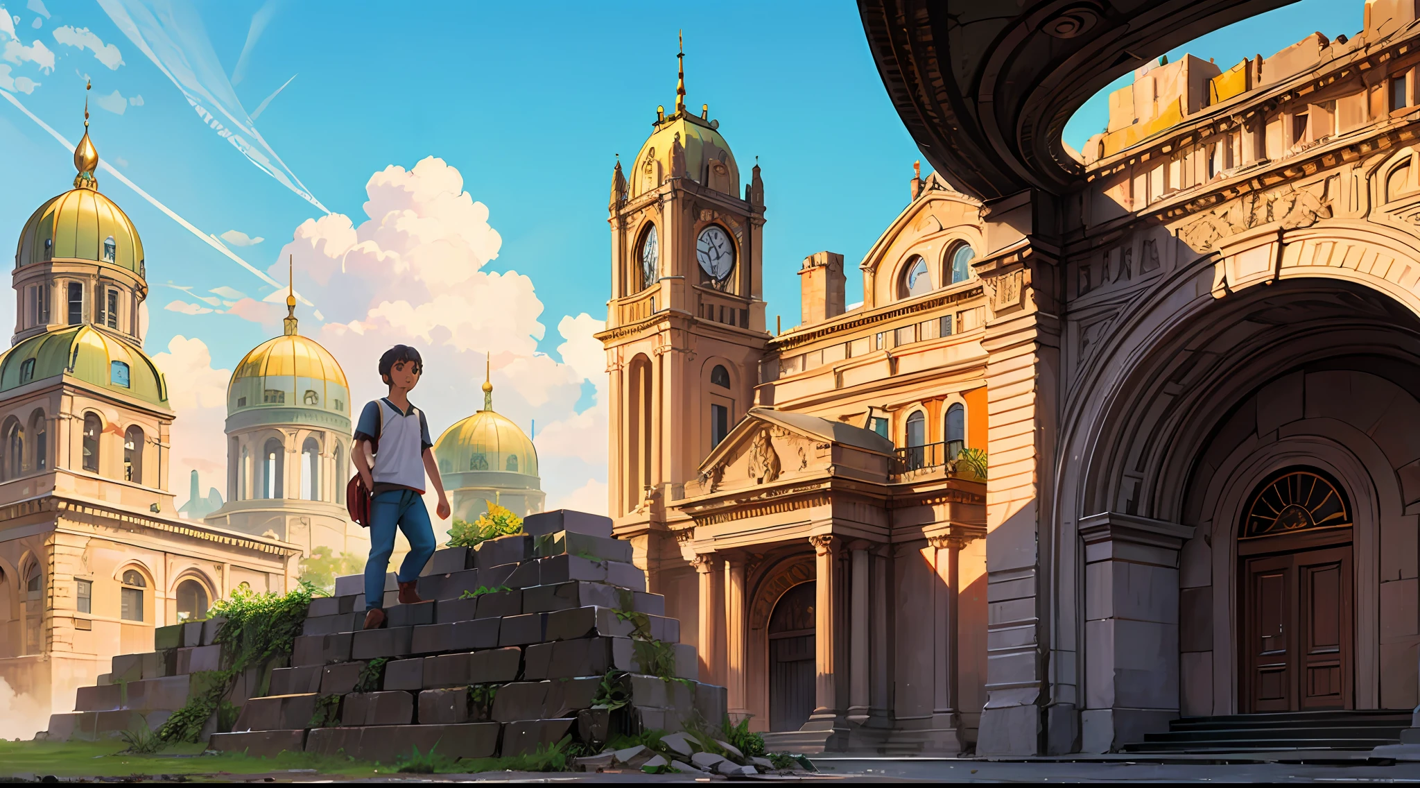 One beautiful boy searching The lost city of gold, clearity 4k, nostalgic, masterpiece, old time building's & artifacts made of gold,realistic --auto --s2