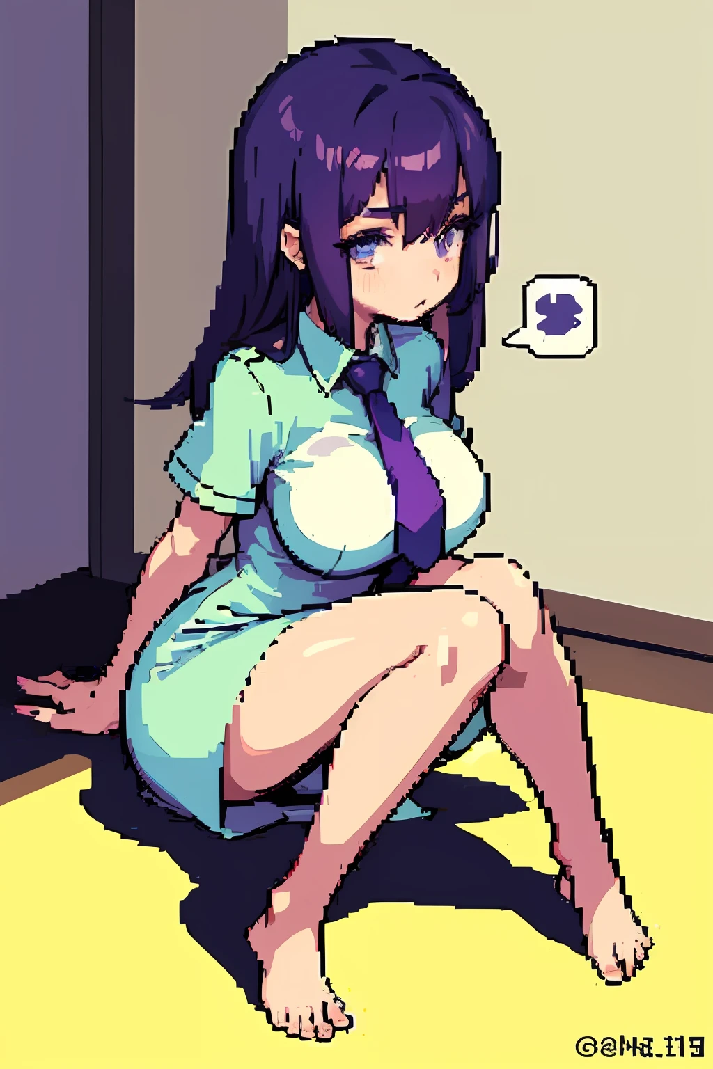 pix, Pixel art, 1girll, Purple hair big breasts, sitting down on the floor, Body, Keep one's mouth shut, cozily,Loose short sleeves，pantiess，The barefoot，