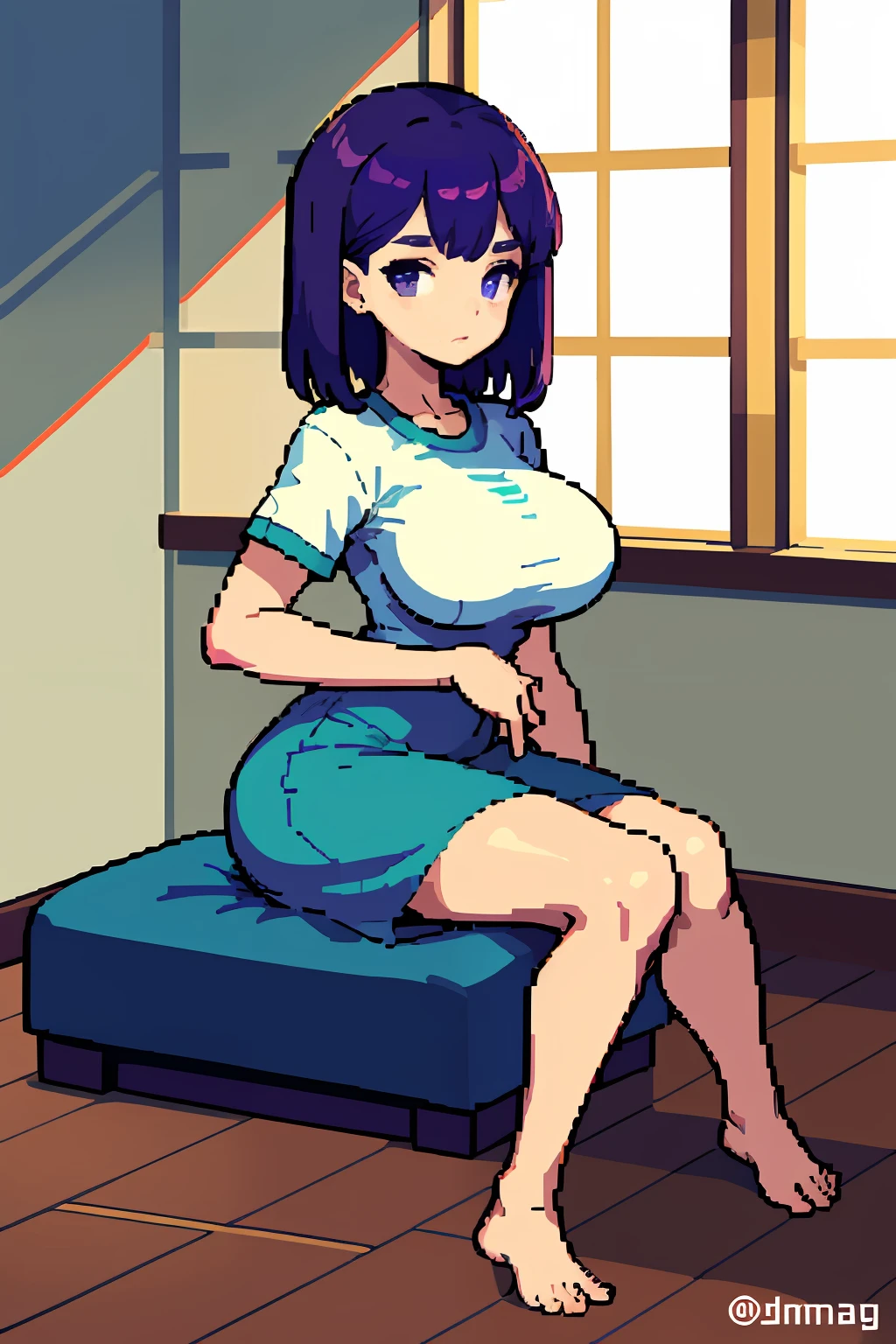 pix, Pixel art, 1girll, Purple hair big breasts, sitting down on the floor, Body, Keep one's mouth shut, cozily,Loose short sleeves，pantiess，The barefoot，