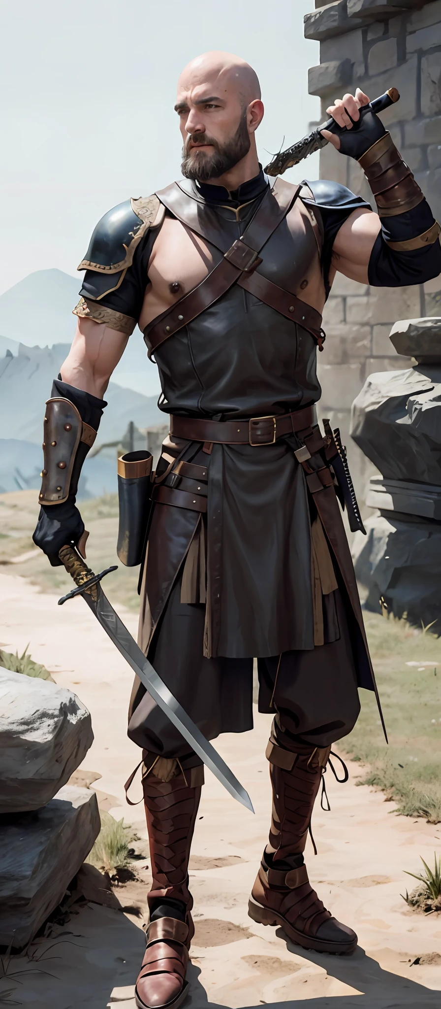 Bald beard muscular handsome warrior medieval leather outfit Wear pulling the sword from the stone hyper realistic super detailed