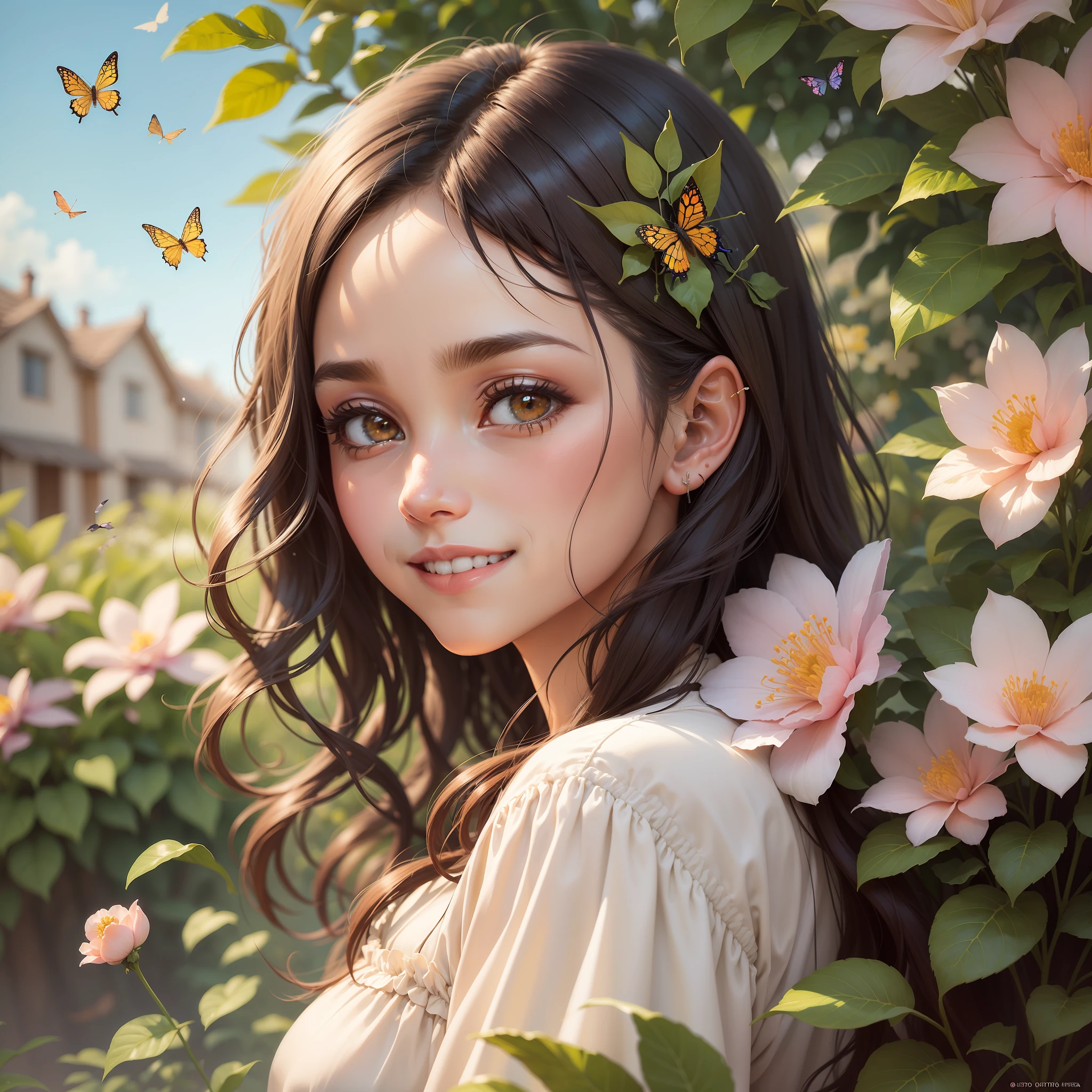 (melhor qualidade, obra-prima, Ultrarrealista), retrato de 1 garota linda e delicada, with a soft and peaceful expression, sorridente e feliz, The backdrop is a garden with flowering shrubs and butterflies flying around;.