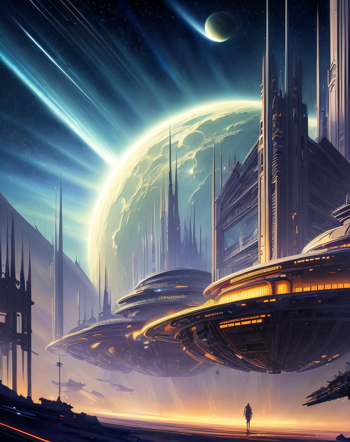 (masterpiece, best quality, beautiful digital art:1.4), a sci-fi space station on the moon, by syd mead and john berkey. science fiction poster. cinematic sci-fi scene. science fiction theme with lightning, aurora lighting. clouds and stars. smoke. futurism. fantasy. carl spitzweg. baroque elements. baroque element. intricate artwork by caravaggio, wallpaper, 8k