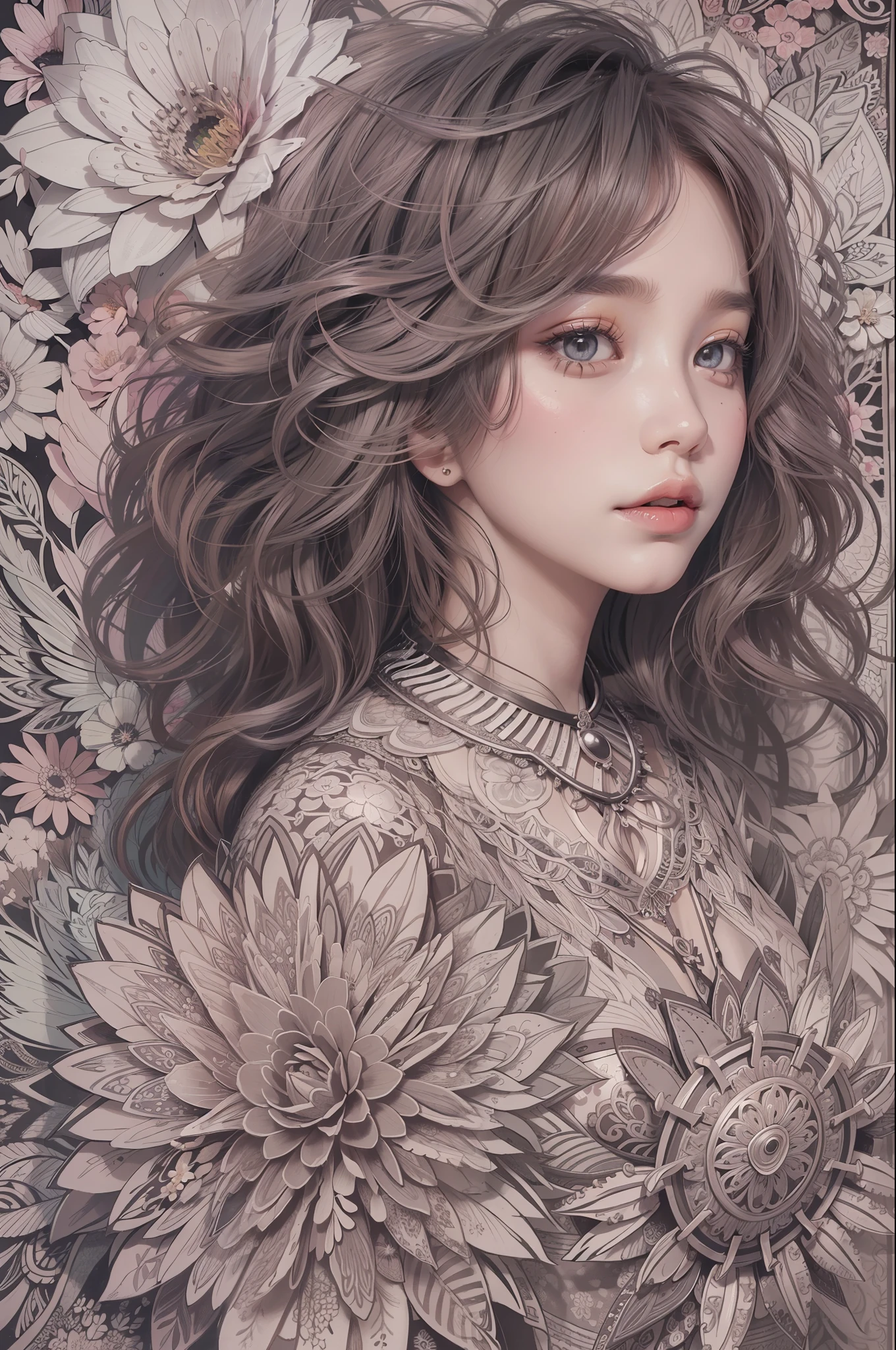 1girl, solo, waist up, from above, (zentangle, mandala, tangle, entangle), (flower blossom:1.2) official art, unity 8k wallpaper, ultra detailed, aesthetic, masterpiece, best quality, photorealistic