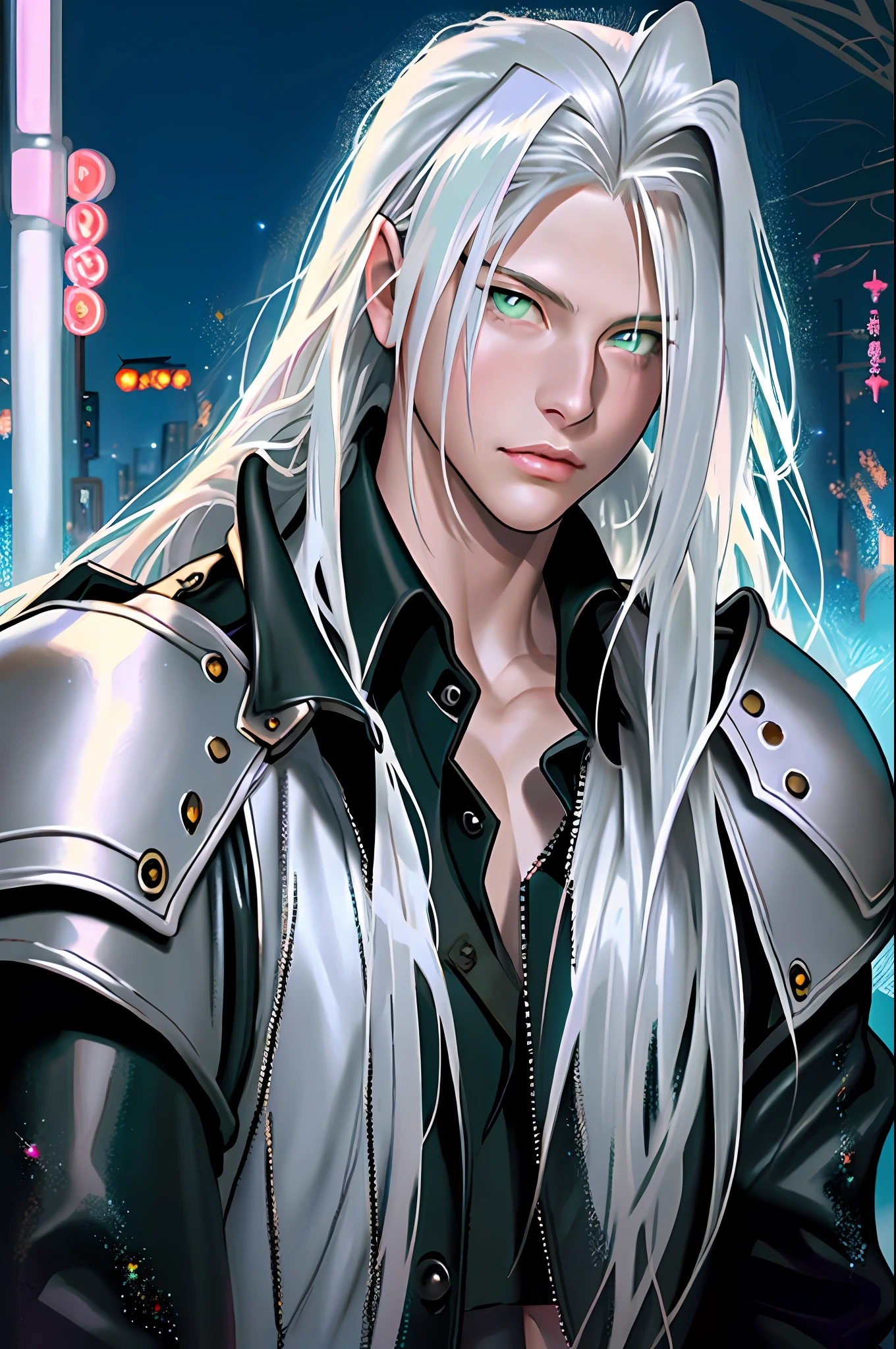 masterpiece, highest quality, (perfect face:1.1), (high detail:1.1), (((sephiroth))), (final fantasy), angel with voluminous white hair, soft hair, neon green eyes, solo ,1guy, young boy, , long hair, black elegant suit, shoulder-length hair, Rose Garden detailed background, realistic, covered navel, pouty lips, curvy guy, perfectly drawn face, cynical stare, cinematic lighting, balenciaga, glitter