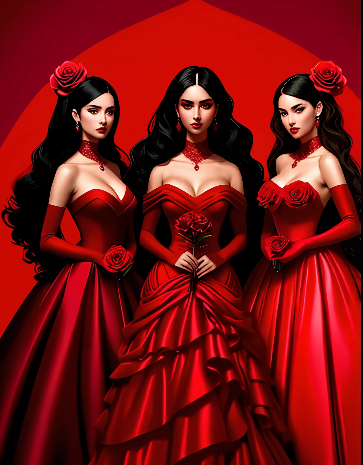 1. The enigmatic beauty delicately held a red rose, her black and red dress flowing like a river of passion. 2. A sense of mystery surrounded the figure, adorned with red roses and wearing an elegant black and lilac ensemble. 3. Gracioso r, The woman stood up with a red rose in her hand, seus trajes uma mistura cativante de preto e vermelho. 4. In the realm of abstraction, surgiu varias mulher juntas , her costumes an impressive combination of red roses and long dresses in shades of black and red.