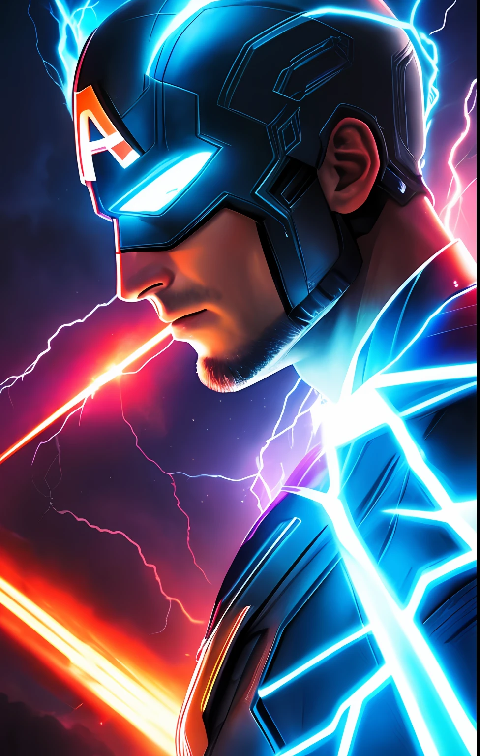 (neon lightning around the head:1.1), monumento, (head close-up), epic scene of captain america,lightning, foco nítido, fantasia, arte conceitual, dynamic  lighting, Epic composition, estilo Michelangelo