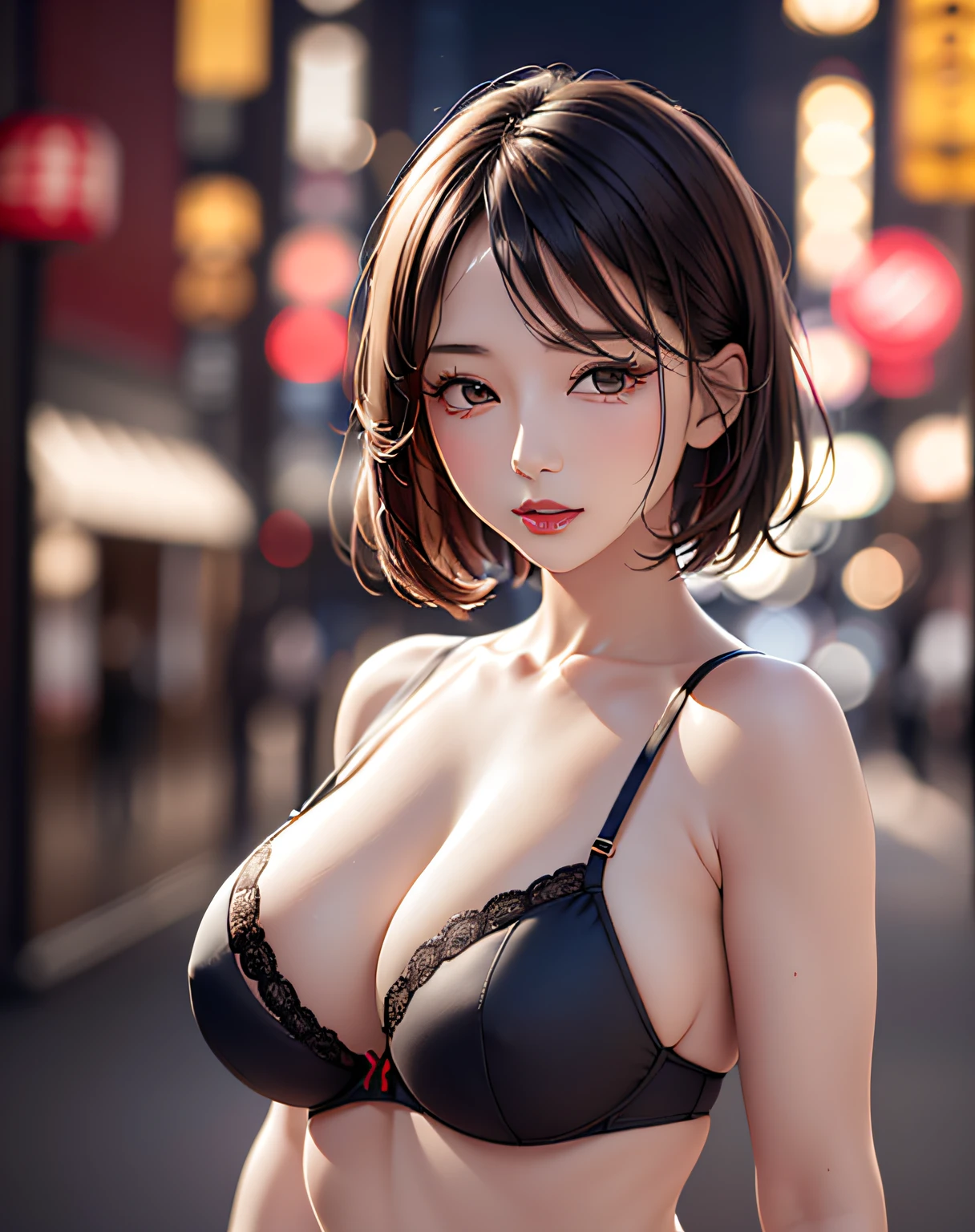 (8k, RAW photo, best quality, masterpiece: 1.2), (realistic, photorealistic: 1.37), (upper body:1.3), 1 girl, Japan, 40s,, cityscape, night, professional lighting, photon mapping, radiosity, ripped, big, bright red see-through and very small bra, gal , Lots of lashes, Lame on the eyelids, Bright red lips, Pure black heels, Lower Slender, Crotch wide open, are large and seem to spill out of the bra,