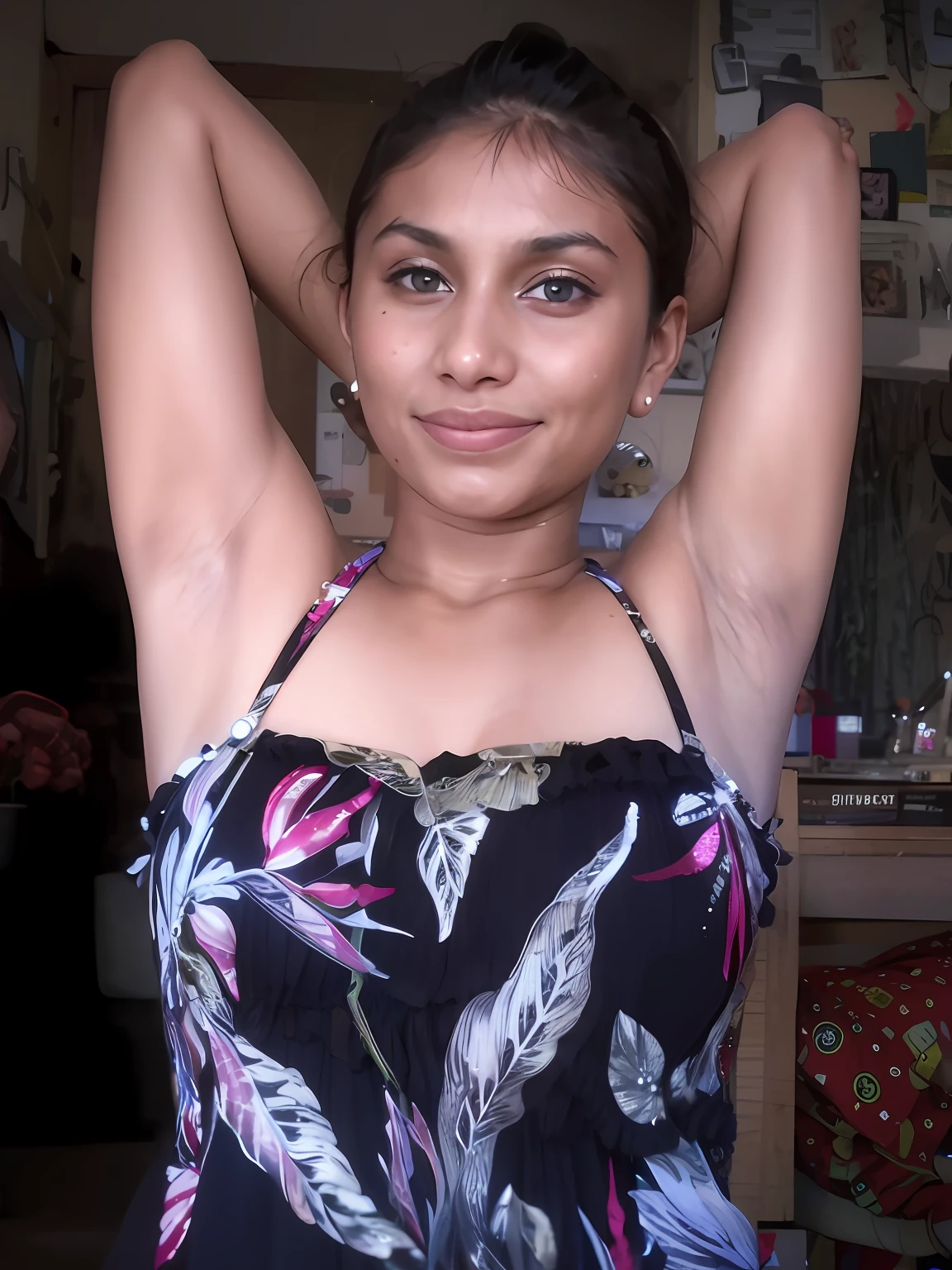 there is a woman that is posing for a picture in a dress, armpit, around 19 years old, hairy arms, with arms bare, indian girl with brown skin, with arms up, around 20 yo, she is about 20 years old, she is about 20 years old, she is about 16 years old, sweaty skin!!